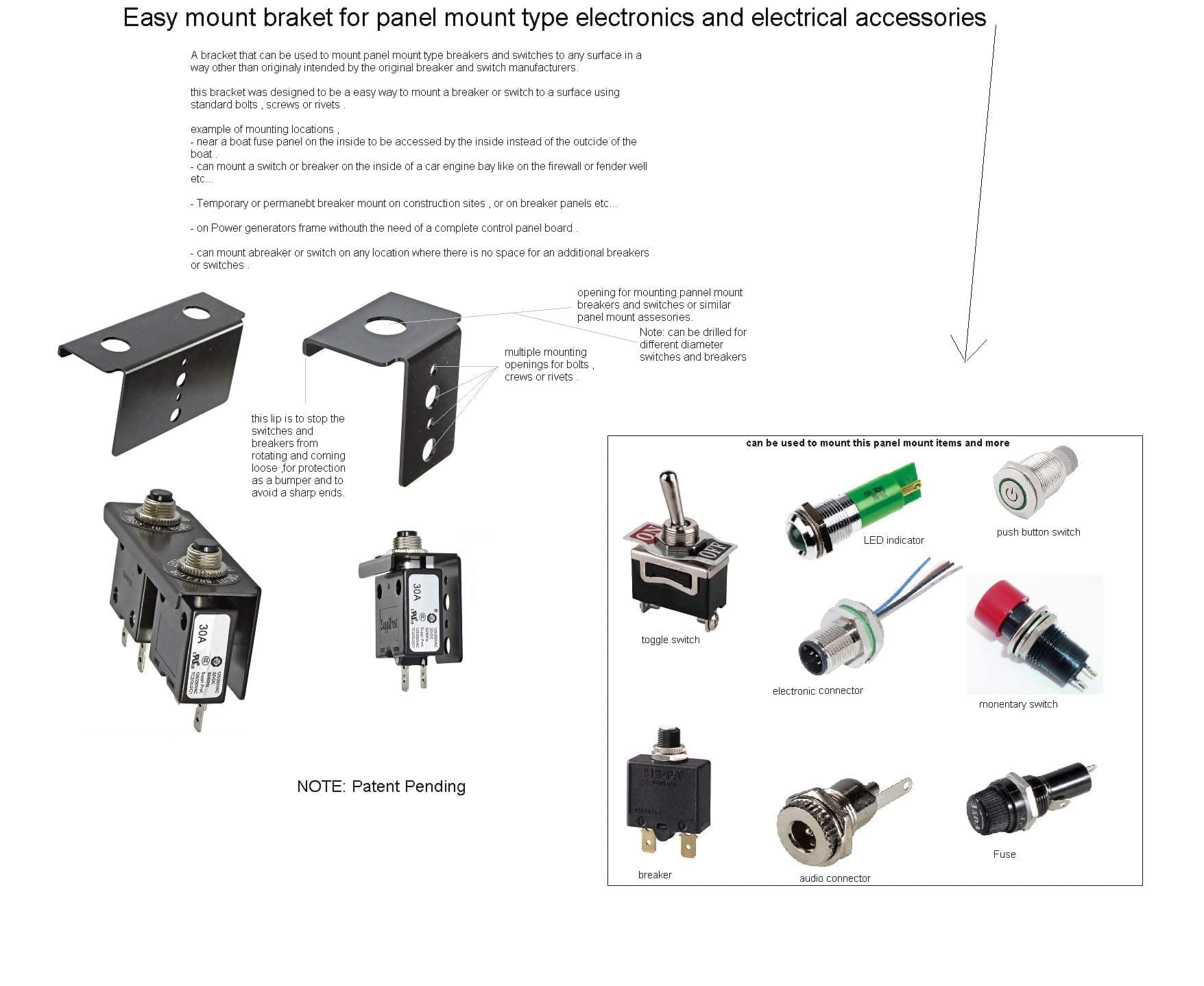 Elephant Cases Panel Mount Bracket for Electrical Components - Push Button Circuit Breaker, Toggle Switch, LED Indicator, Fuse & More