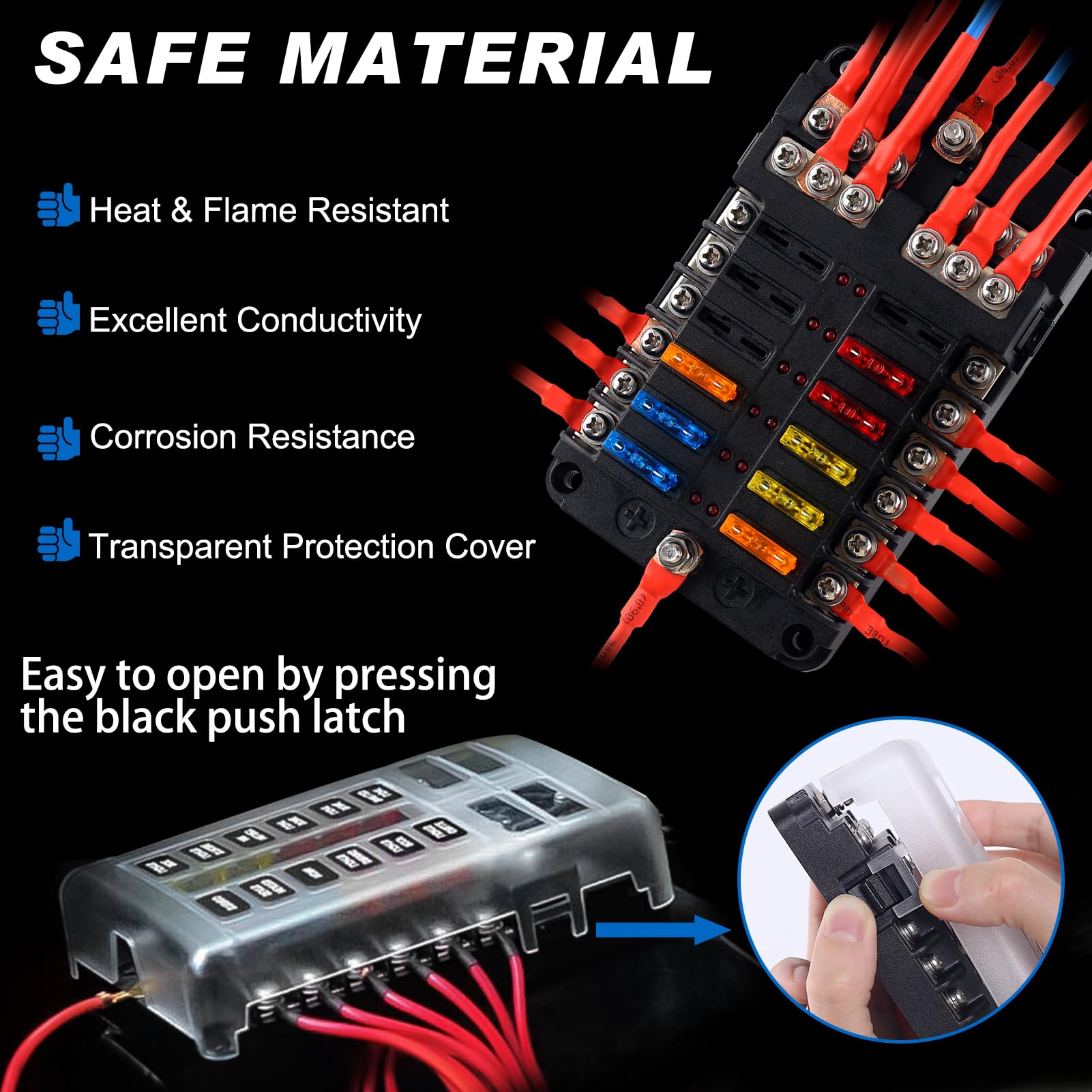 Fuse Block, 12v Fuse Box Holder with Led Indicator Waterproof Cover, Cyrico 12 Circuits Fuse Panel with Negative Bus for 12V/24V