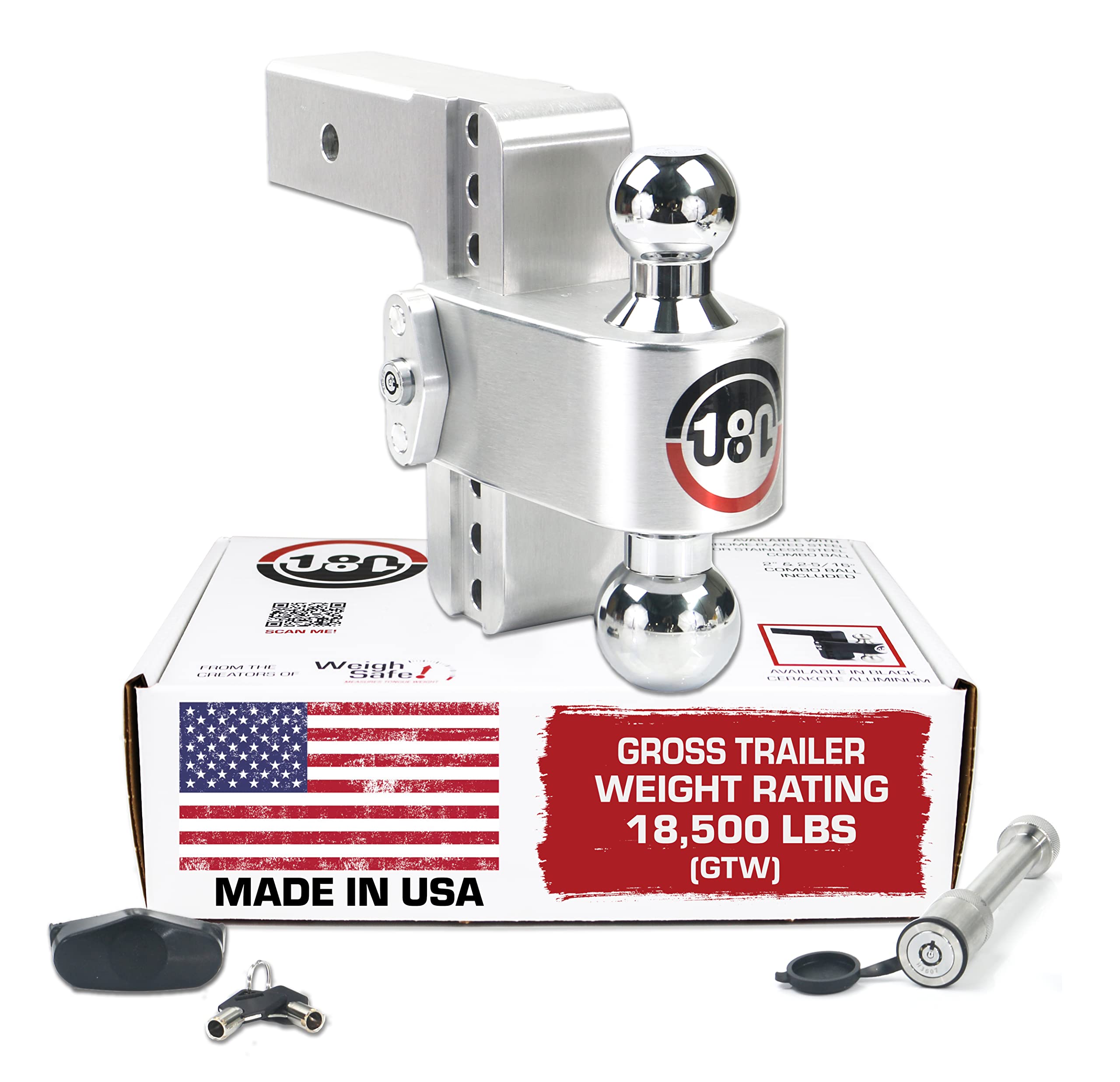 Weigh Safe Adjustable Trailer Hitch Ball Mount, 6 Adjustable Drop Hitch For 2.5 Receiver W/ 2 Pc Keyed Alike Lock Set, Heavy Duty Aluminum Trailer Tow Hitch W/Chrome Plated Tow Balls, 18,500 Gtw