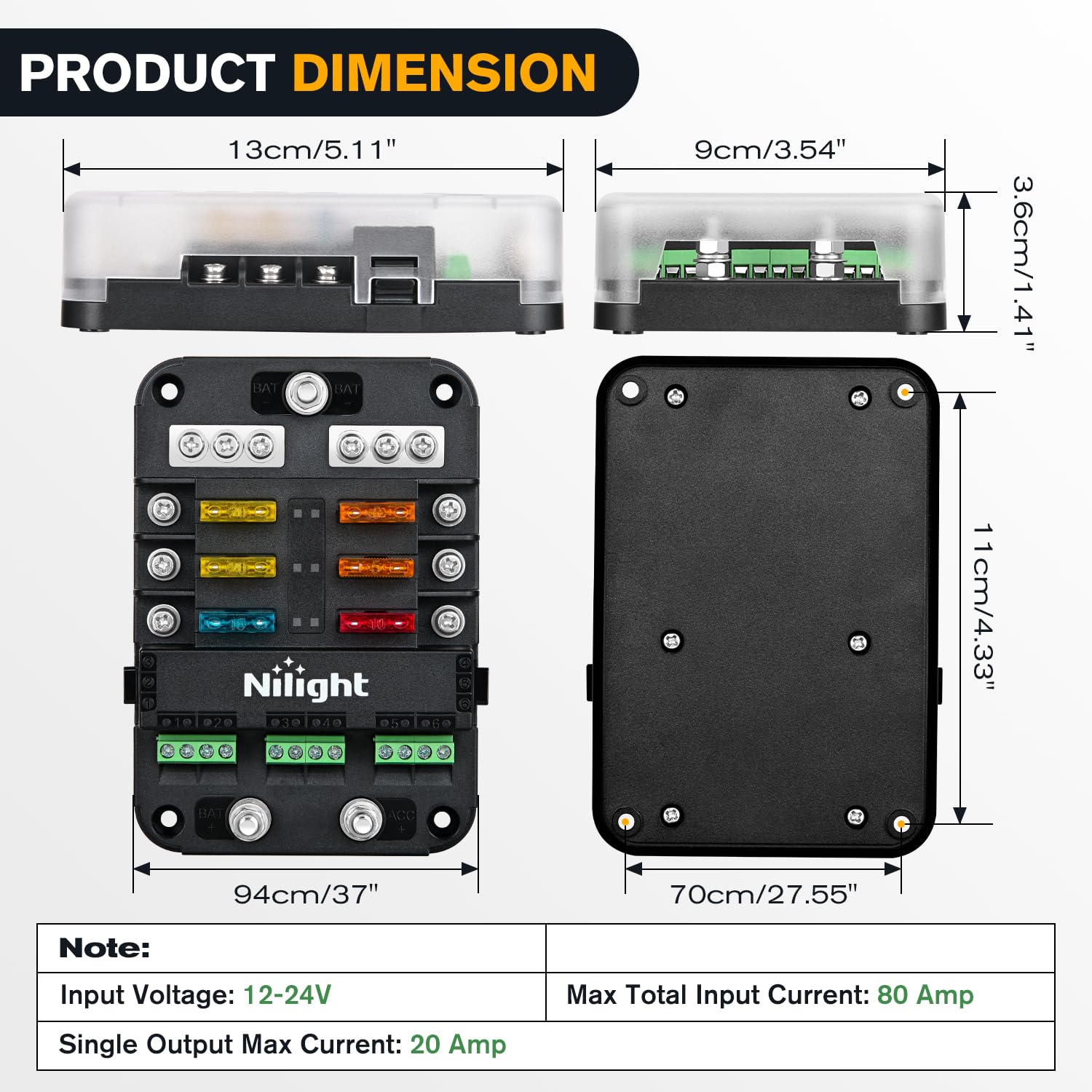 Nilight 6 Way Fuse Relay Block - 12V Blade Holder ATC/ATO, Waterproof Cover for Automotive, Cars, Motorcycles, RVs, Vans, Model 50224A
