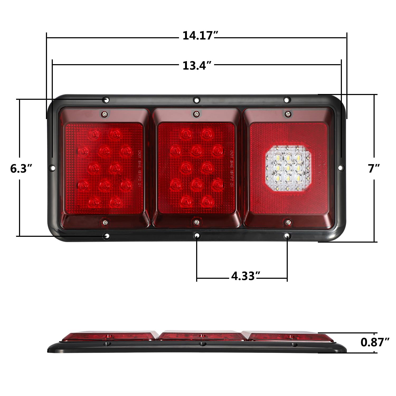 Partsam LED Triple Tail Lights - 45 LEDs, Rectangle, Black Base, Standard Size, Red/Clear Lens for Trailer, Camper, RV