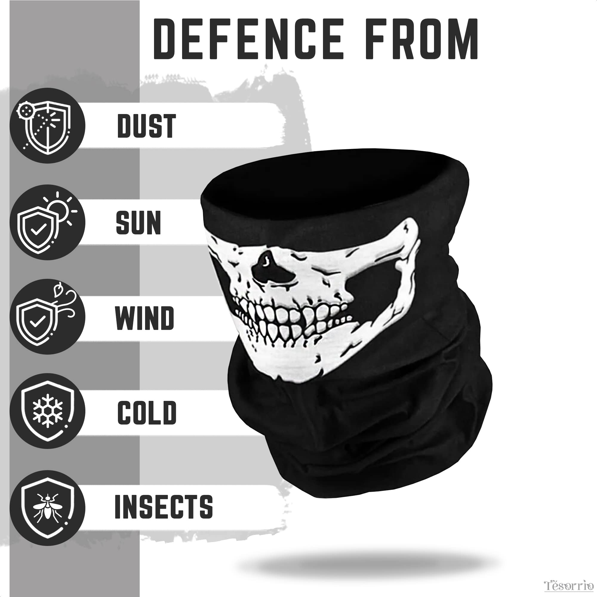 Tesorrio Skull Face Mask - X-Large Black Stretch Fabric Neck Warmer for Skiing, Snowboarding, Motorcycle, and Winter Activities