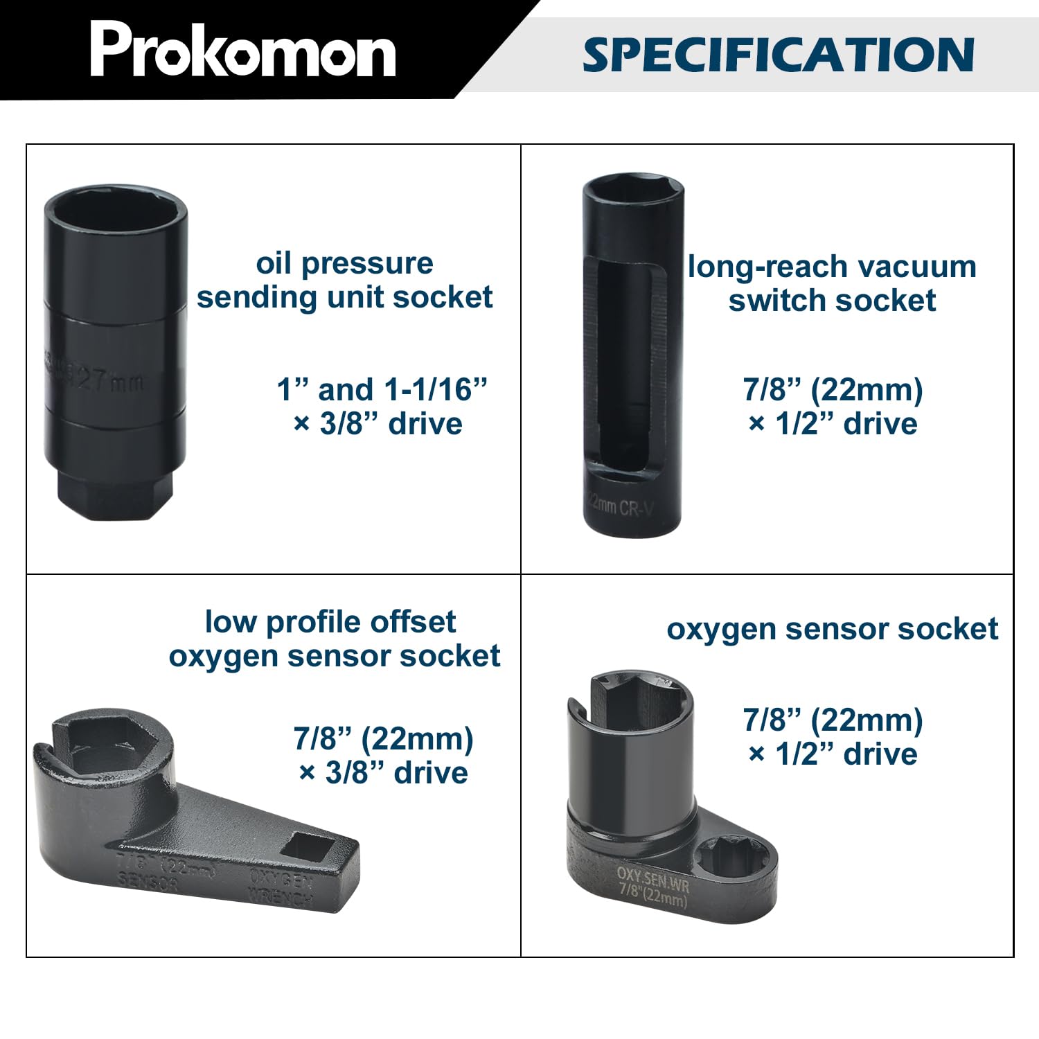 Prokomon O2 Sensor Socket Set - 10pcs Oil Pressure Sensor Wrench Kit, Molybdenum Steel, 1/2" & 3/8" Drives, Model PT