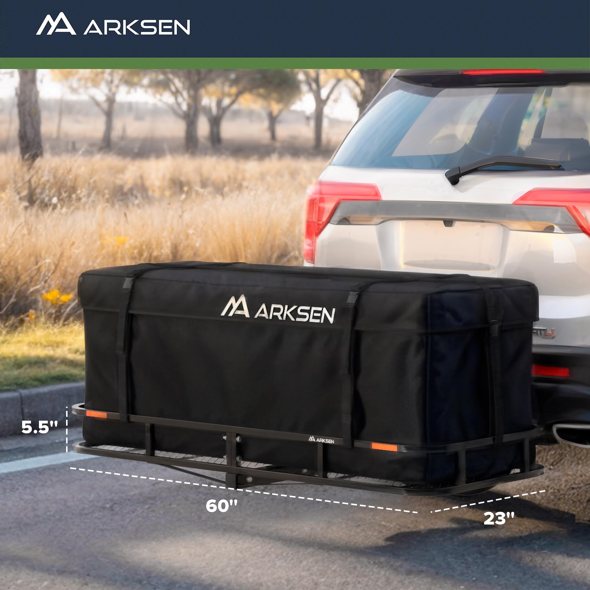 Arksen 60 X 23 X 5.5 Inch Folding Hitch Cargo Carrier With Cargo Bag, Nylon Net, 2 Ratchet Straps, 500 Lbs Capacity Heavy Duty 2