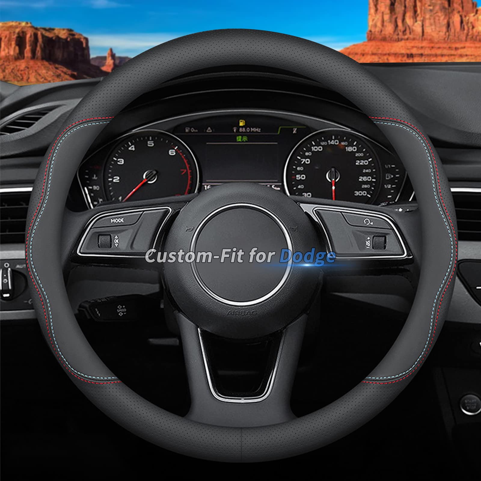 Deer Route Custom-Fit For Dodge Steering Wheel Cover, Premium Leather Car Steering Wheel Cover With Logo, Non-Slip, Breathable, For Dodge Accessories (A-Style,For Dodge)