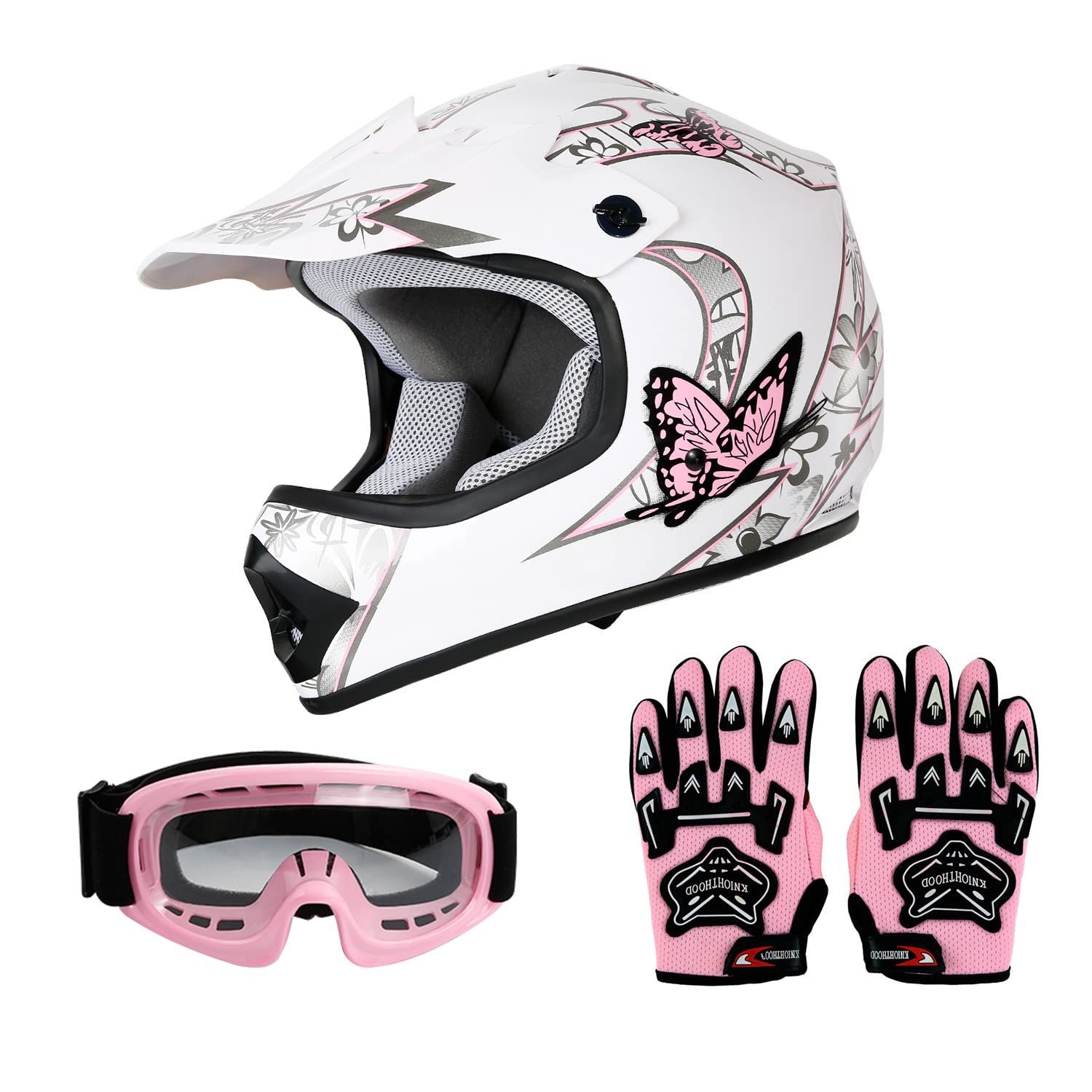 Slmoto Dot Youth Kids Helmet Motocross Offroad Street Helmet Motorcycle Helmet Dirt Bike Motocross Atv Pink Butterfly Design Helmet Goggles Gloves Large