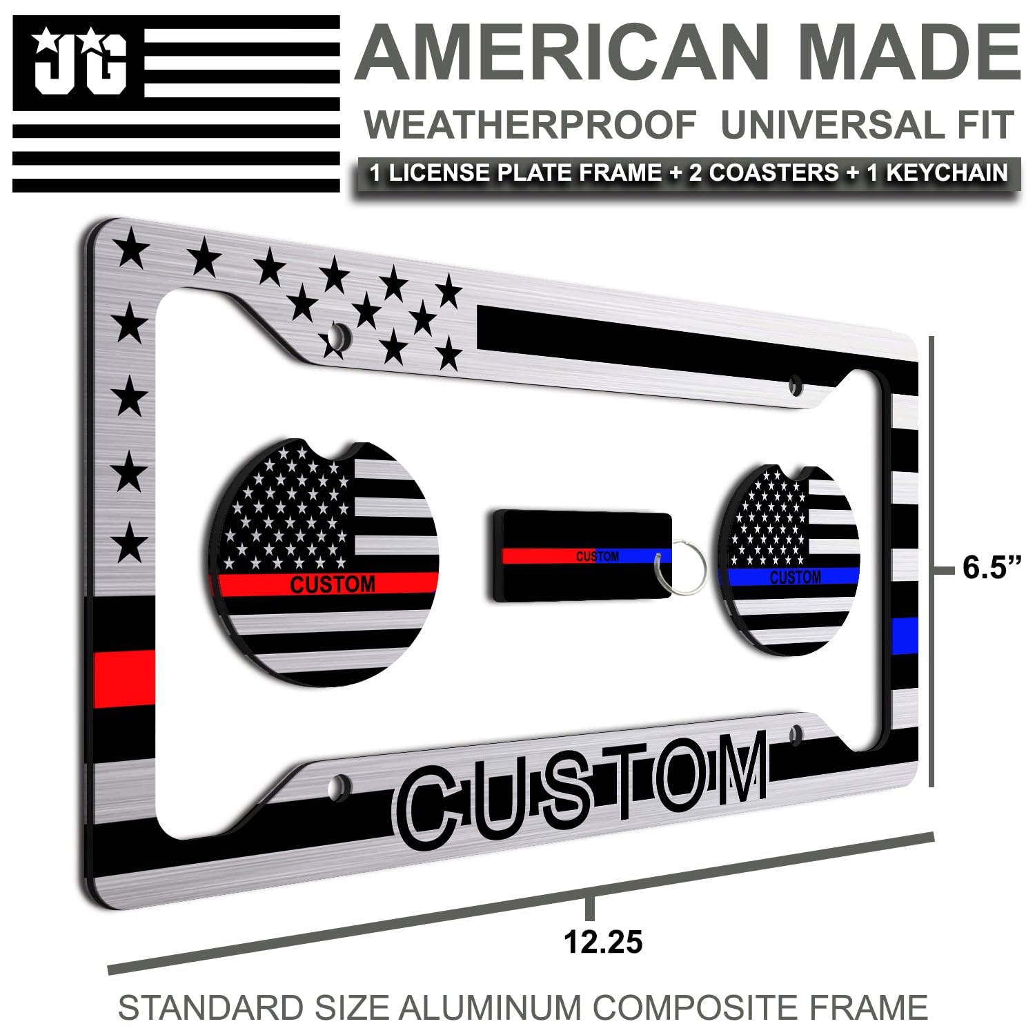 Thin Red Line And Thin Blue Line - Personalized American Flag License Plate Frame + 2 Coasters And A Keychain