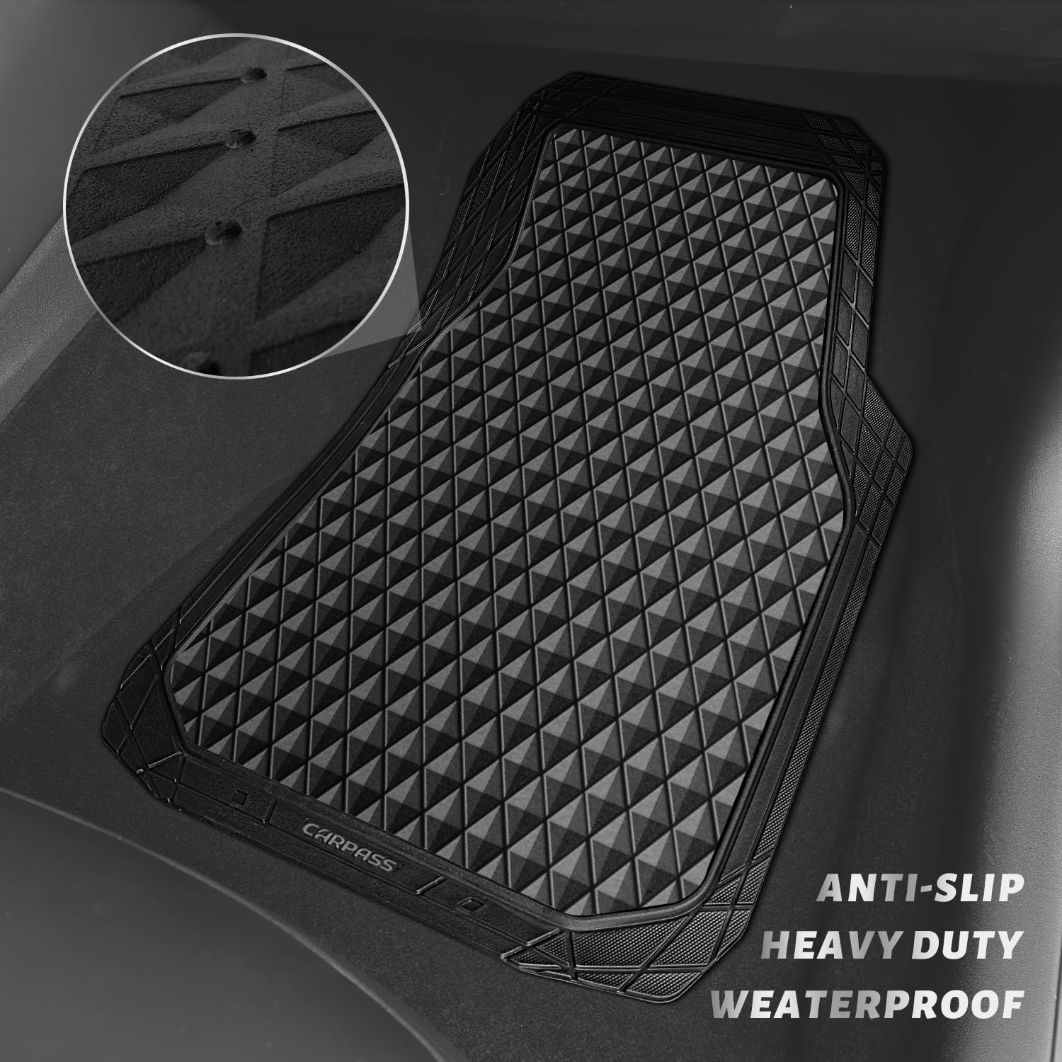 CAR PASS Black Rubber Car Floor Mats & Cargo Liners, Durable Anti-Slip 3D Rhombus Waterproof Automotive Pad Trim Fit Liner All-W