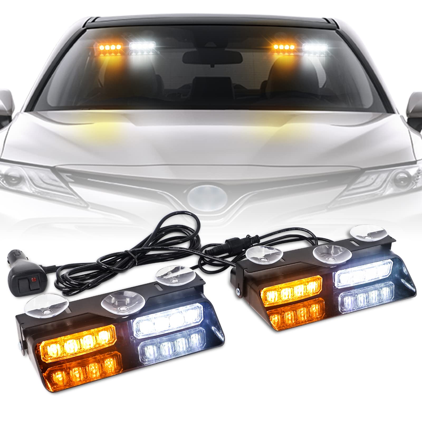 Xridonsen 2 In 1 Emergency Dash Strobe Lights Interior Windshield Lights Deck Split Amber White Warning Safety Flashing Lights W/Suction Cups For Construction Vehicles, Trucks (2×7.16 Inch, 16 Led)