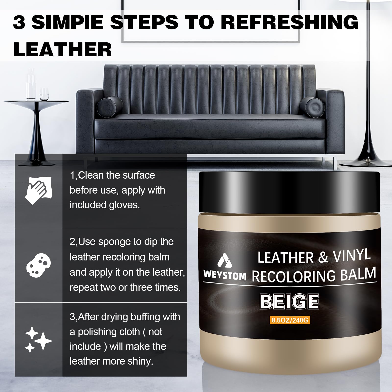 WEYSTOM Leather Recoloring Balm - Beige Repair Kit for Furniture, Dye & Restore Aged Leather