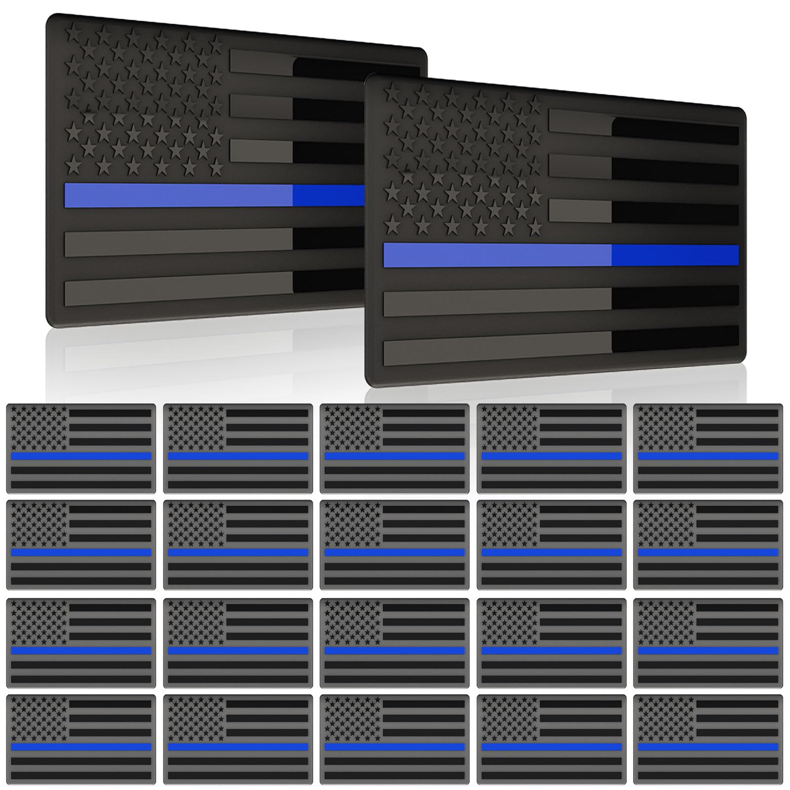 20 Pack Embossed 3D Metal Thin Blue Line All Black American Flag Emblem Decal Stickers, Matte Black 5'' X 3'' Patriotic Usa Us F