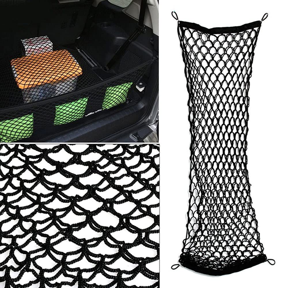 Car Rear Cargo Net, Universal Adjustable Elastic Trunk Cargo Storage Organizer Net, Double-Layer Storage Nylon Mesh Compatible F