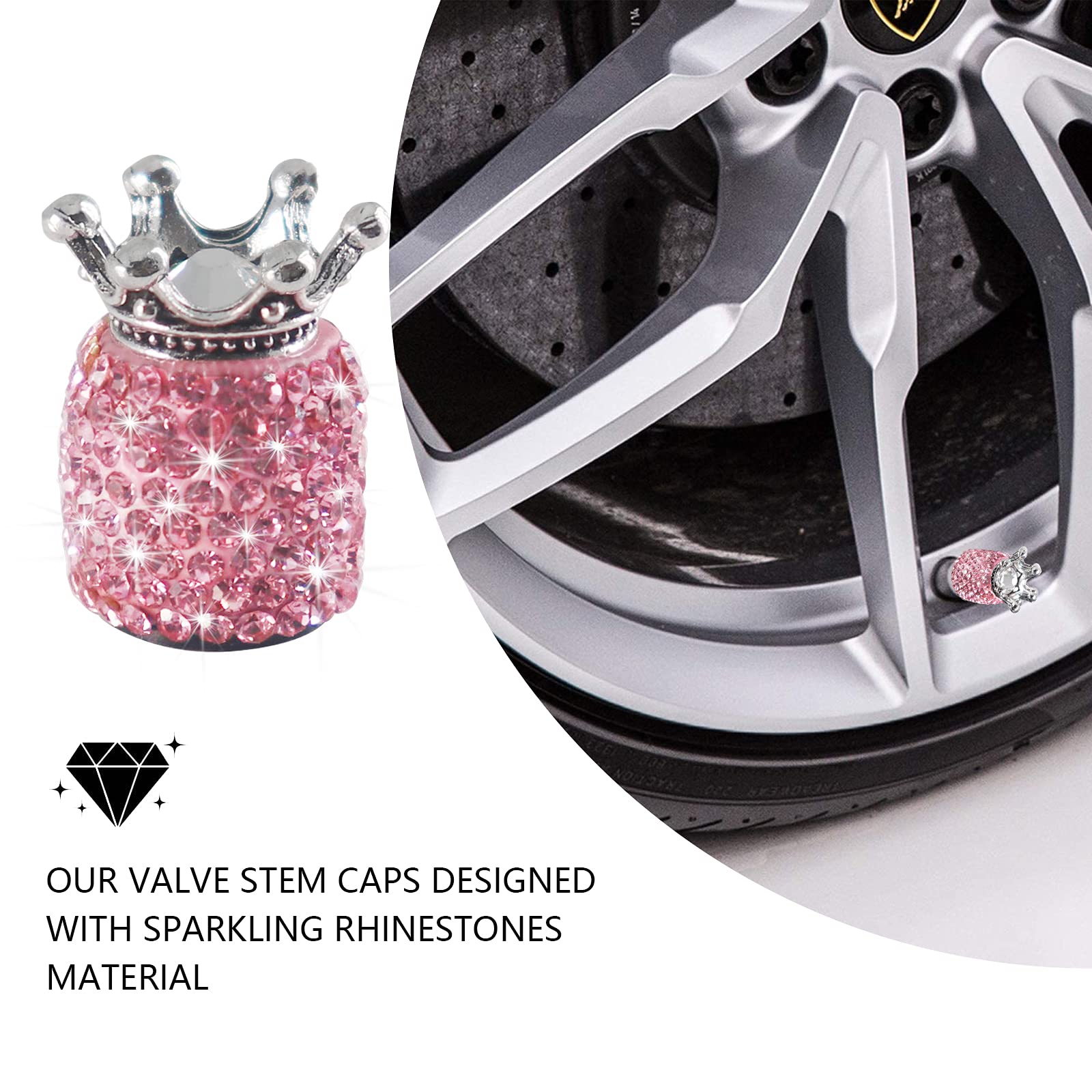 Sikawai Crown Bling Valve Stem Caps Tire Caps Sparkling Handmade Crystal Rhinestone Universal Car Tire Valve Caps Chrome,Attract