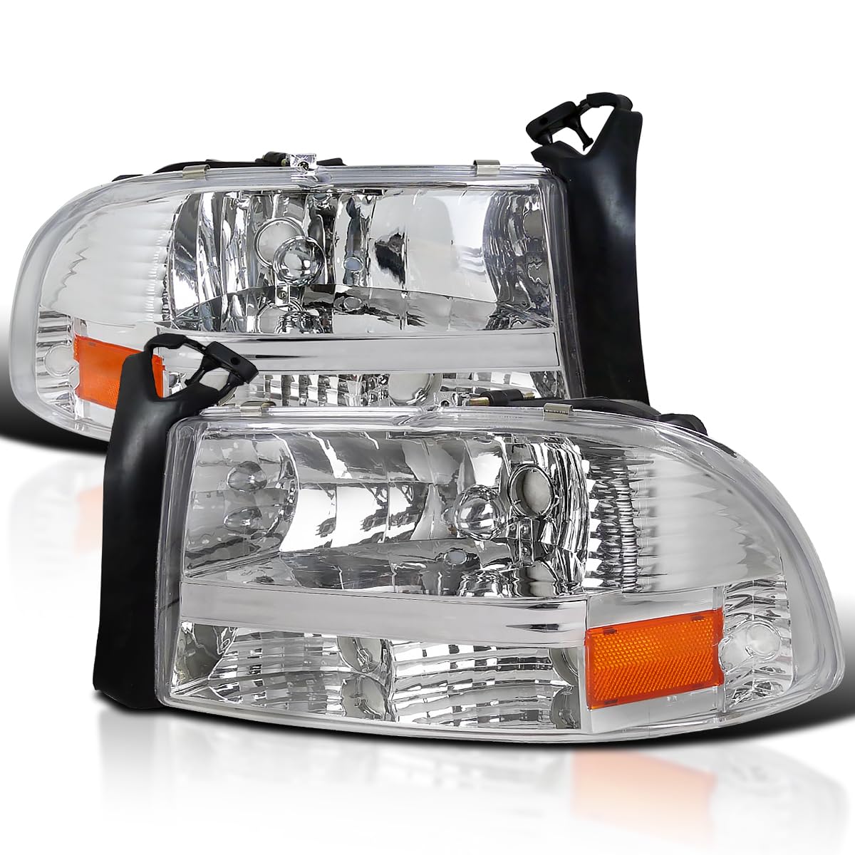 Spec-D Tuning Chrome Housing Clear Lens Headlights Compatible With 1997-2004 Dodge Dakota L+R Pair 1Pc Style Head Light Lamp Ass