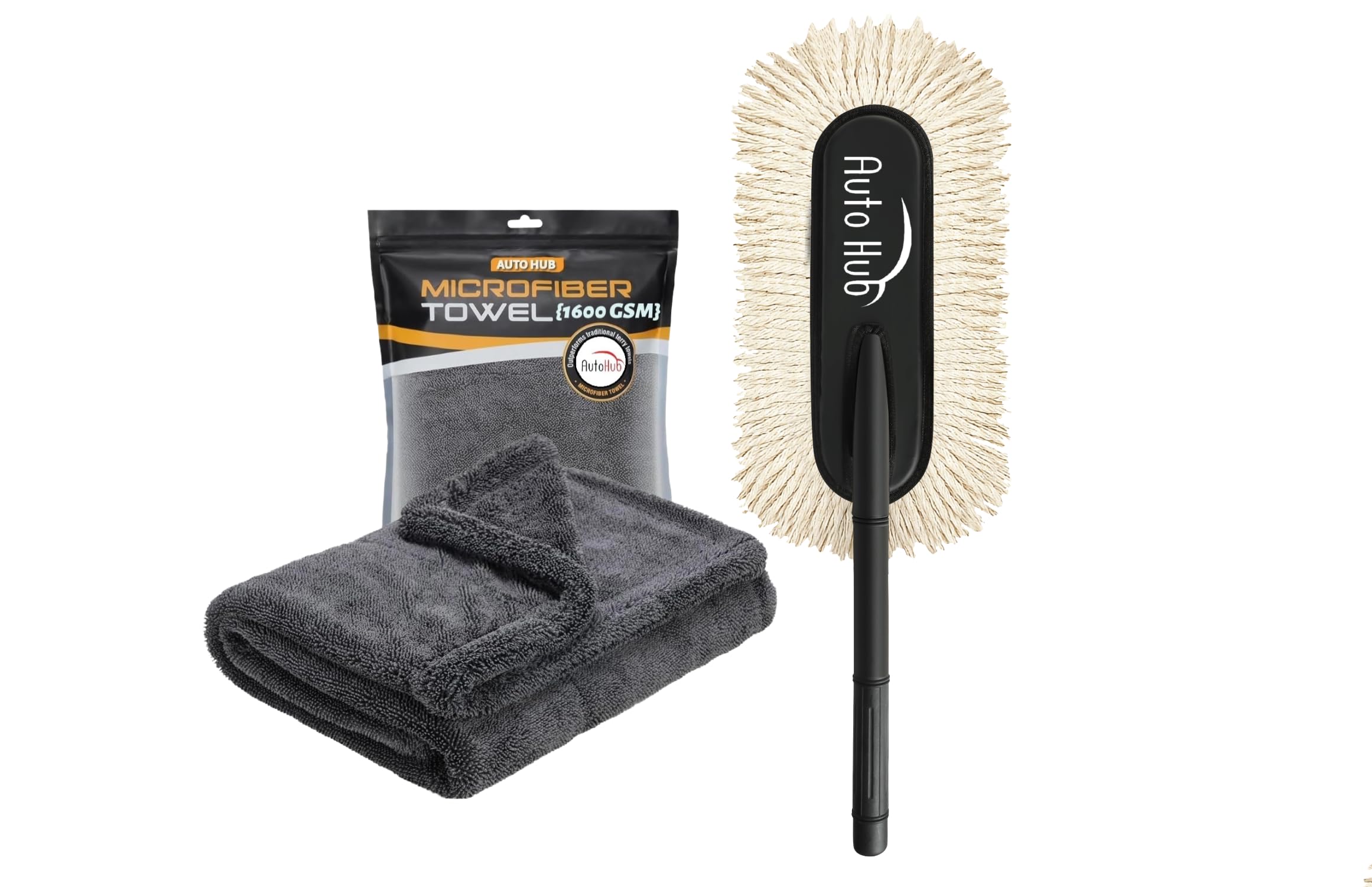 Auto Hub 1600 GSM Multipurpose Microfiber Cloth 60x40, Pack of 1, & Wax Car Duster  Combo LintFree & ScratchFree, Car Duster 