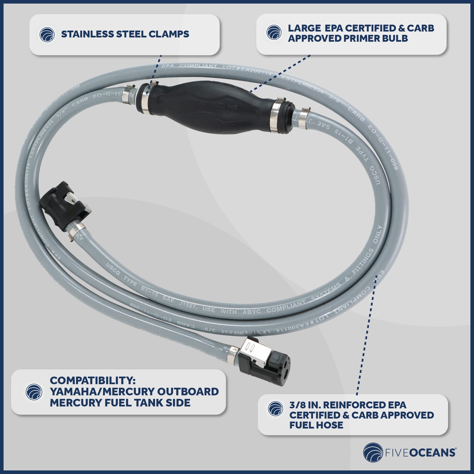 Five Oceans 3/8-Inch Marine Outboard Motor Fuel Line for Yamaha Mercury, Leakproof, 6-foot Long, Reinforced EPA/CARB, Replaces P