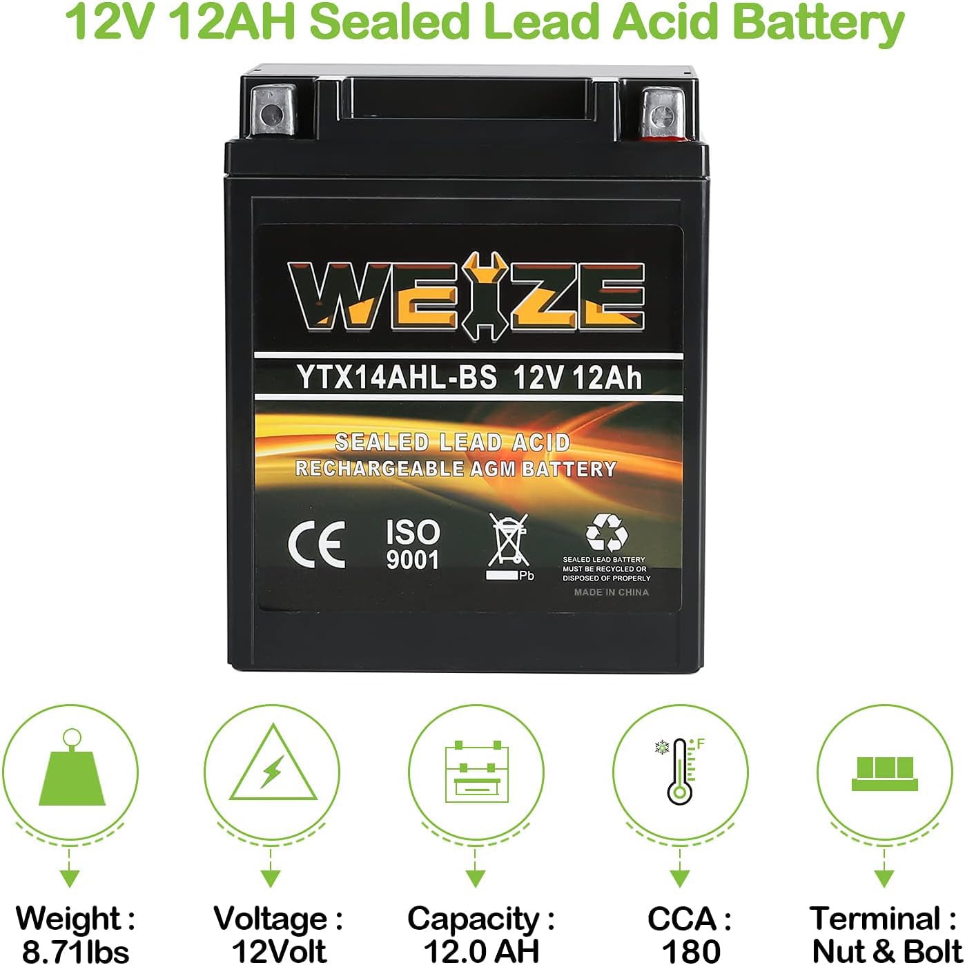 WEIZE YTX4L-BS AGM Motorcycle Battery for Polaris, Honda, Kawasaki, Can-Am, Yamaha - High Performance, Compatible with Multiple Models