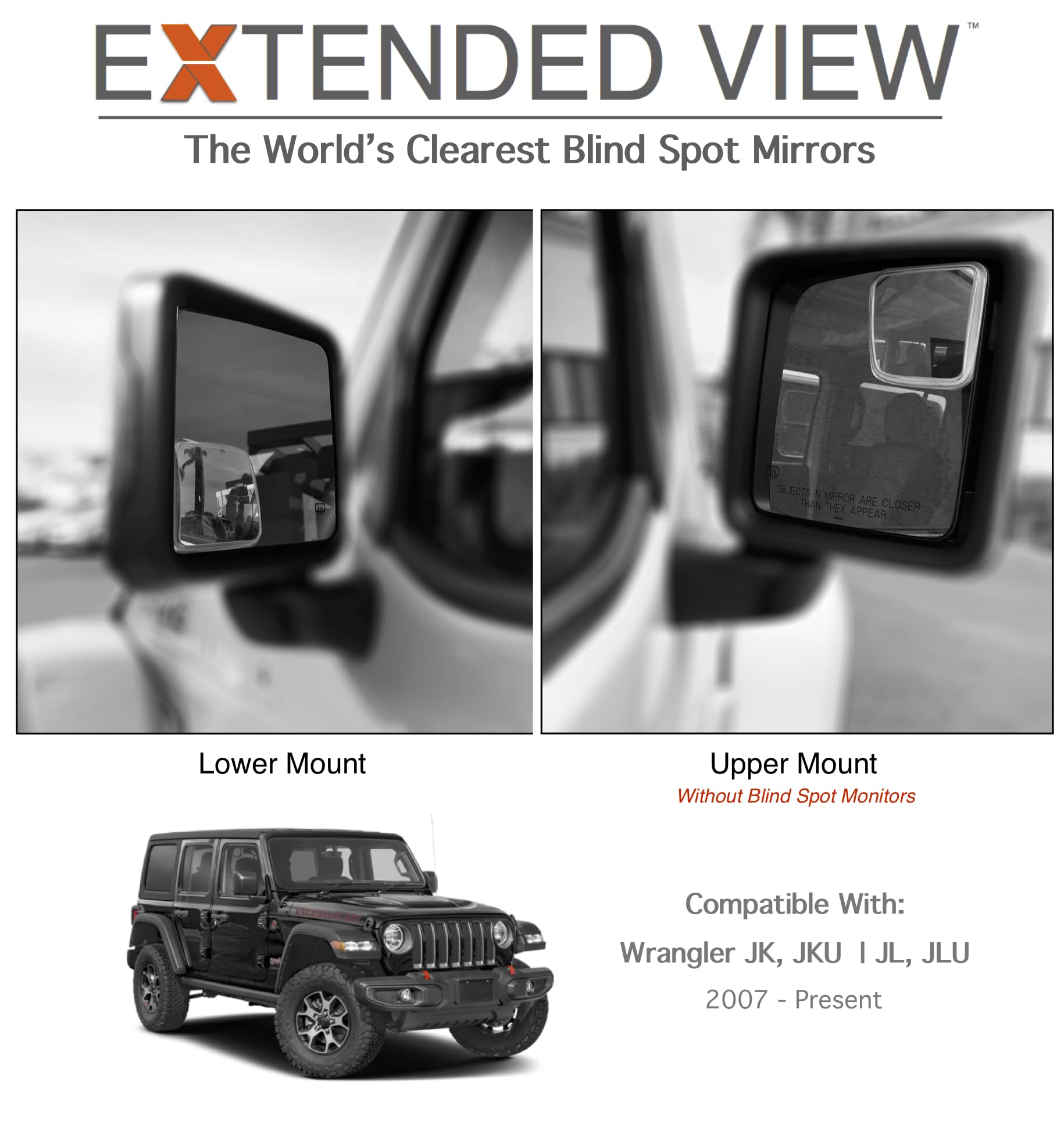 NXTGEN Custom Blind Spot Mirrors for 2018-Present Jeep Wrangler JL - Glass, Extended View, Enhance Safety and Visibility