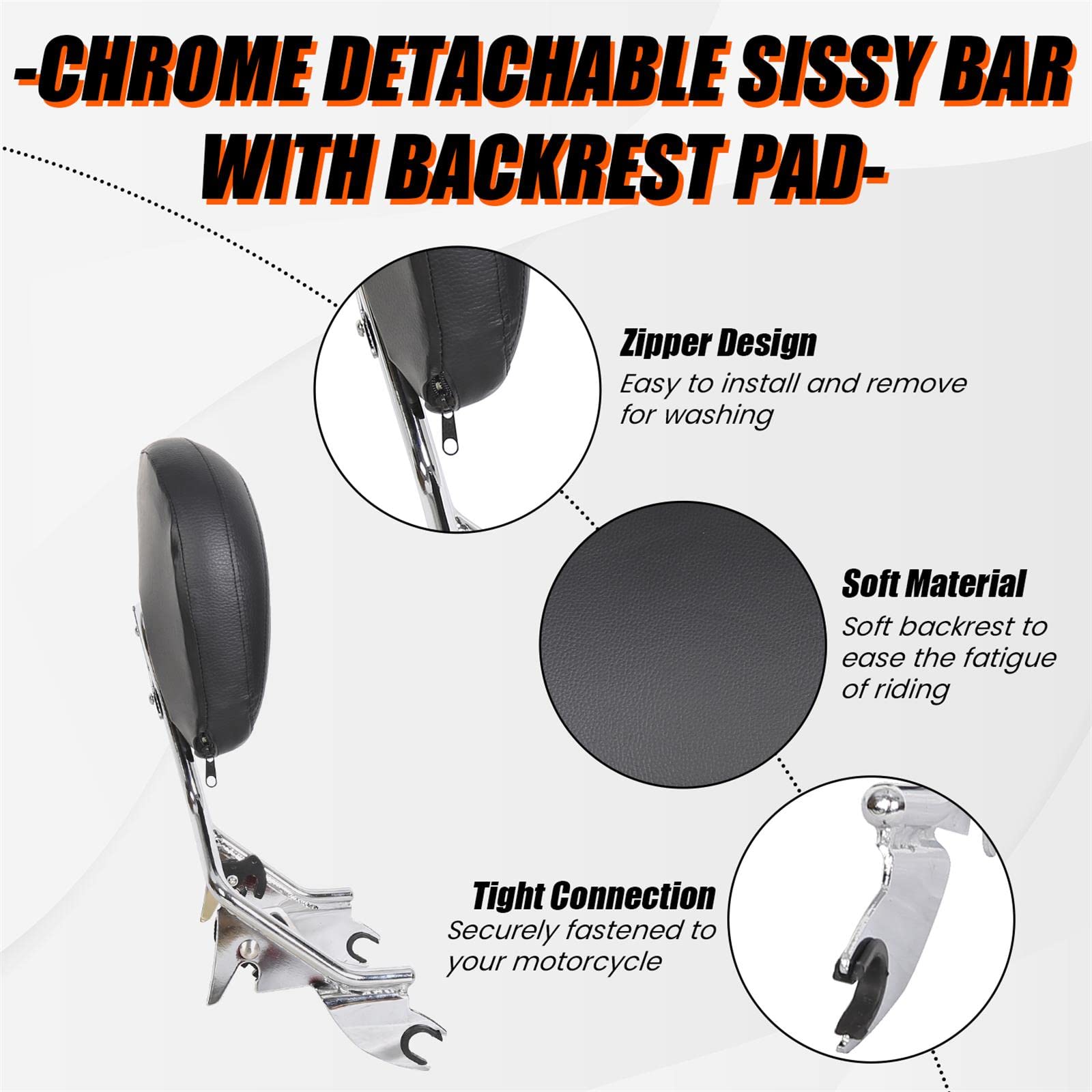 Detachable Sissy Bar with Backrest Pad Chrome Compatible with 2009-2023 Harley Touring (NEED DOCKING HARDWARE)