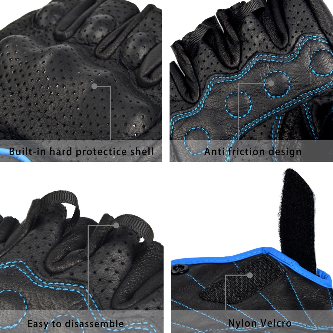Harssidanzar Men's Motorcycle Gloves Leather Perforated Motorbike Riding Driving Gloves CM044US, Black/Blue, Size Medium