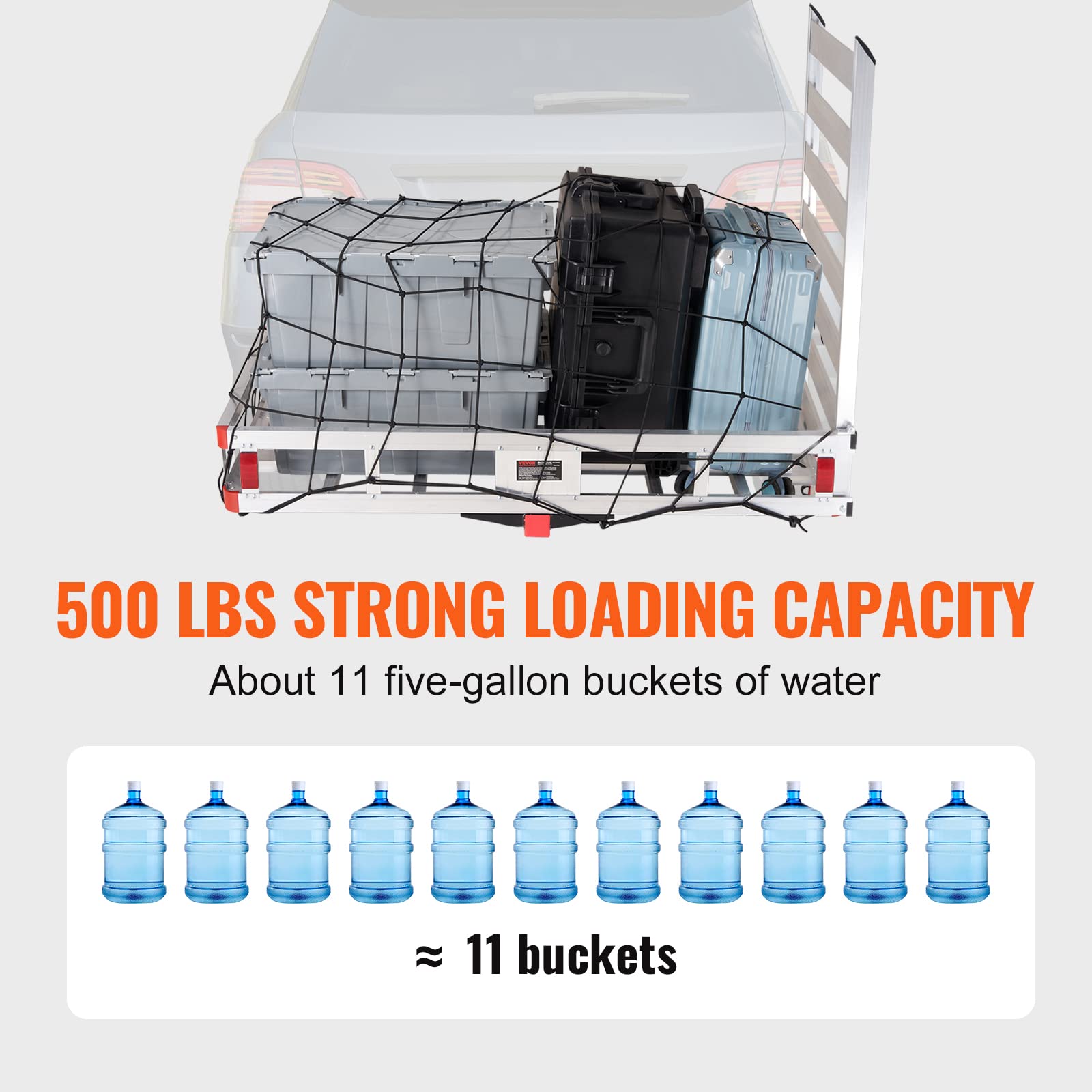 Vevor 50 X 29.5 X 8.7 In Hitch Cargo Carrier, 500Lb Capacity Trailer Hitch Mount Aluminum Cargo Basket With Folding Ramp, Luggage Carrier Rack Fits 2' Hitch Receiver For Suv Truck Pickup Camping