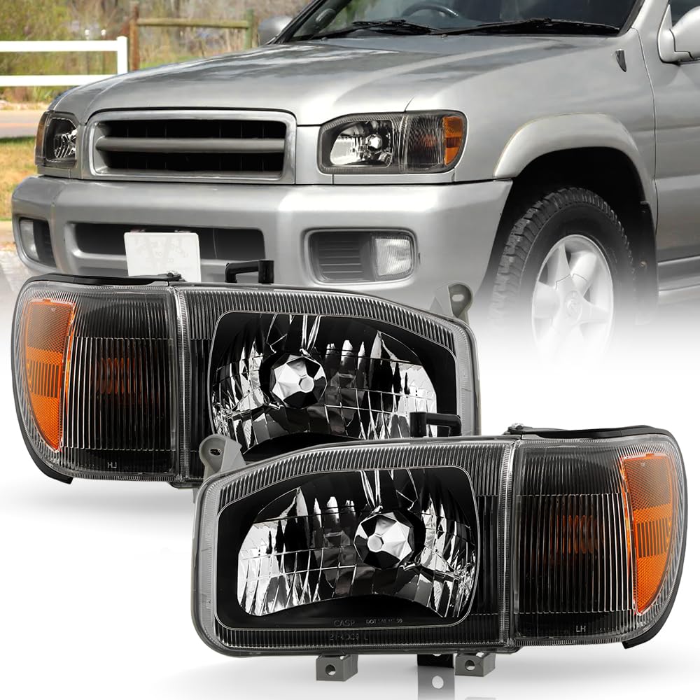 KEEKPO - For 1999-2004 Nissan Pathfinder Black Headlights Headlamps w/Parking Corner Light 4pcs Replacement Left+Right