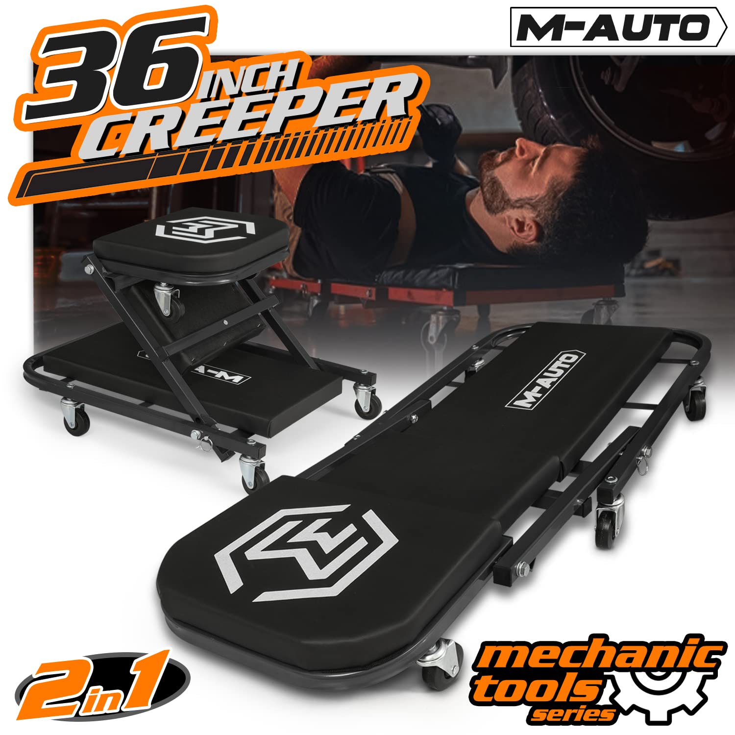 M-AUTO 40-Inch Folding Creeper Rolling Seat, Adjustable Garage Chair, 330LBS Capacity, Black