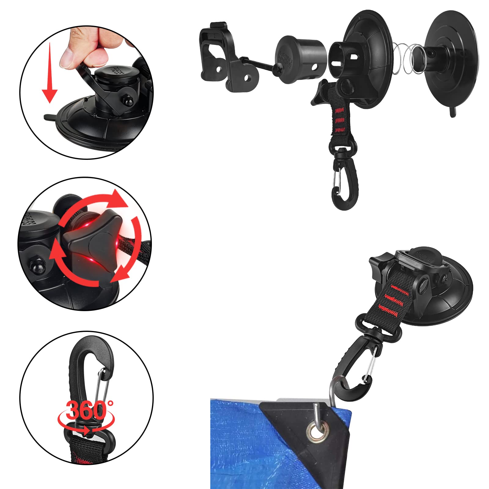 Vashly Heavy Duty Suction Cup 8Pcs Strong Suction Cups With Hooks And 8Pcs Tarp Clips Deavy Duty Lock Grip For Car Awning Boat C