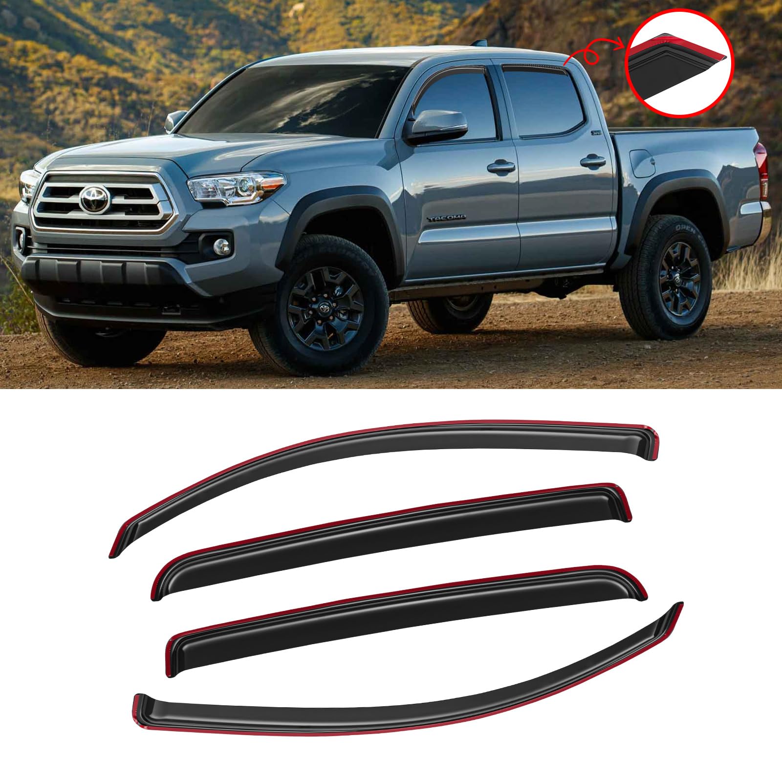 In-Channel Window Visor For 2016-2023 Toyota Tacoma Double/Crew Cab, Rain Guards Shields Vent Shade Deflector Wind Dark Smoke Ve
