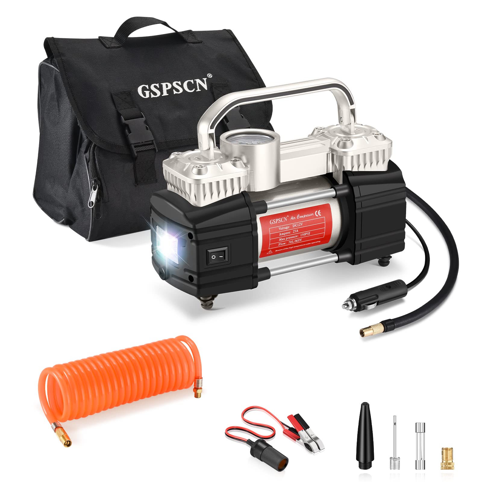 Gspscn Silver Dual Cylinder 12V Air Compressor Pump For Car, Heavy Duty Portable Tire Inflator 150Psi With Led Work Lights For A