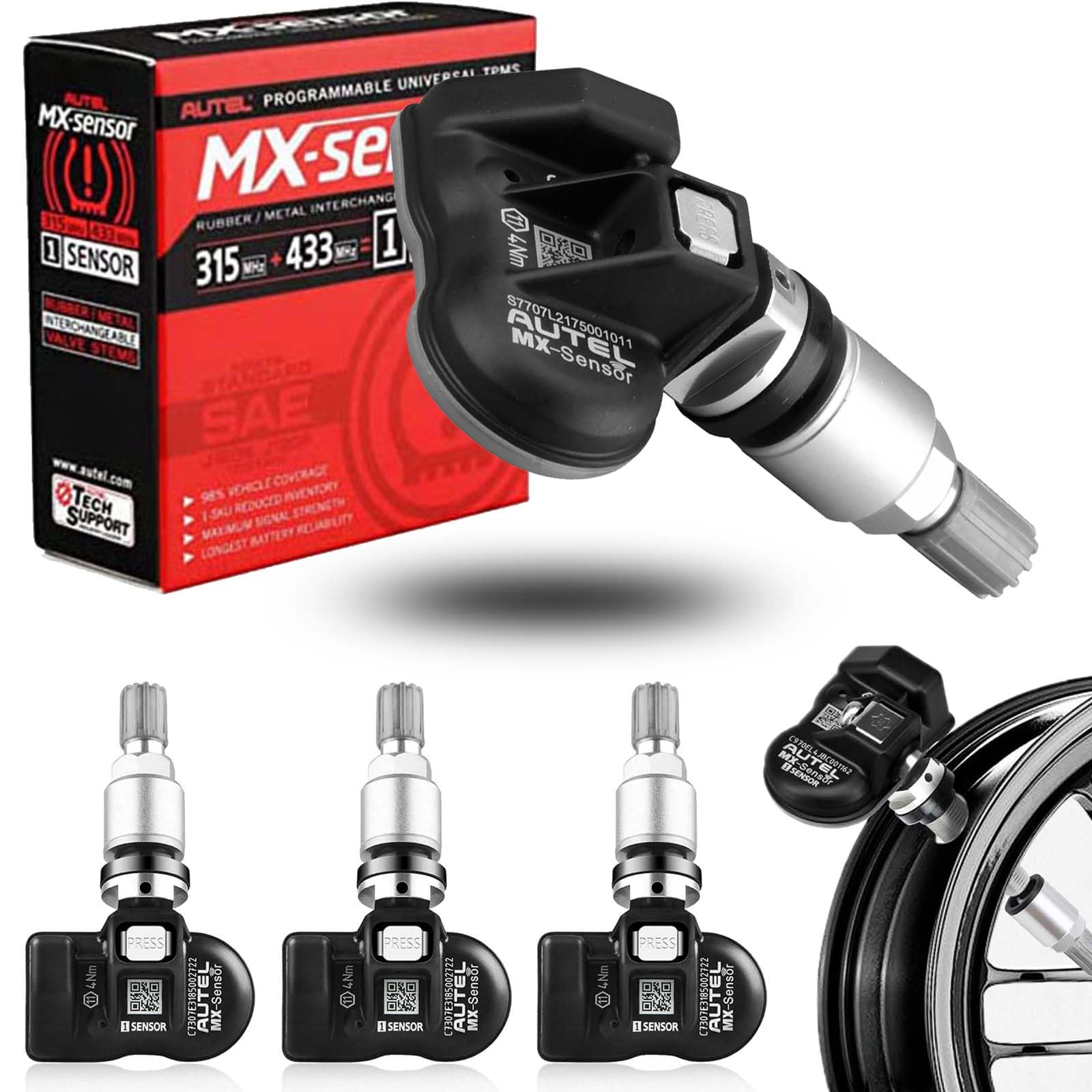 Autel TPMS Sensors MX Sensors 4pcs Universal Tire Sensor Dual Frequency 315MHz/433MHz Autel MX Sensor Metal Stem Programmable by