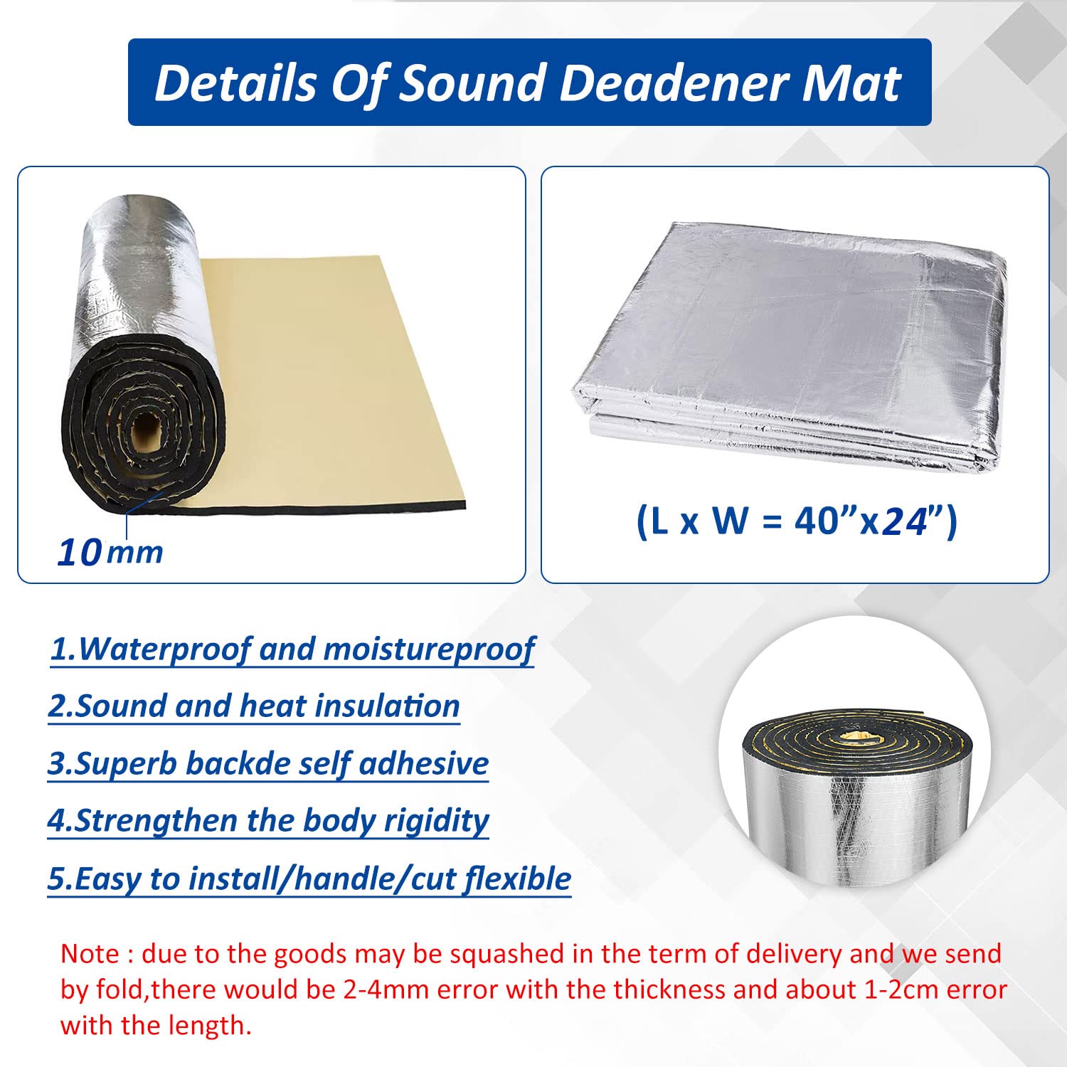 ALLWIN Car Heat Sound Deadening Insulation Mat, 394 Mil, 40" x 24", Silver Tone, Model AL4040 for Auto Hood, Engine, Door, and Trunk