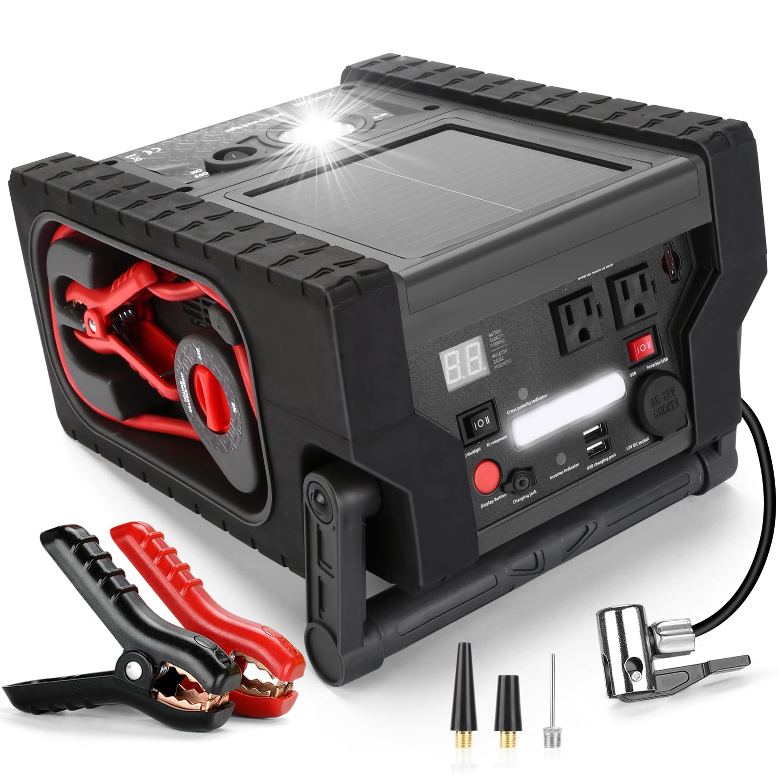 Zundian Zd-529 2000A Peak Car Battery Jump Starter, 260 Psi Portable Air Compressor Tire Inflator, Heavy Duty 12V Jump Box Batte