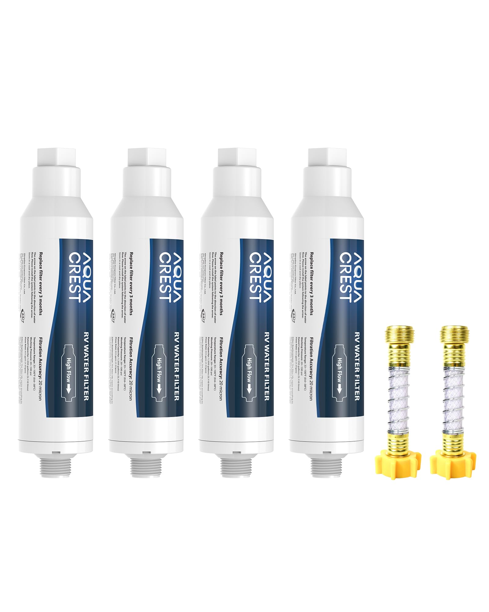 AQUA CREST RV Inline Water Filter - NSF Certified, Reduces Chlorine & Odor, 4 Pack with Hose Protector, Non-Woven Fabric, Model AQU-RV, White
