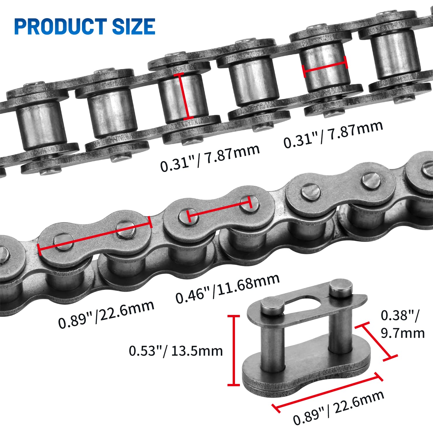 Belleone #40 Roller Chain - 10 Feet Carbon Steel Chain with 5 Connecting Links for Go Karts, Mini Bikes, ATVs, and More