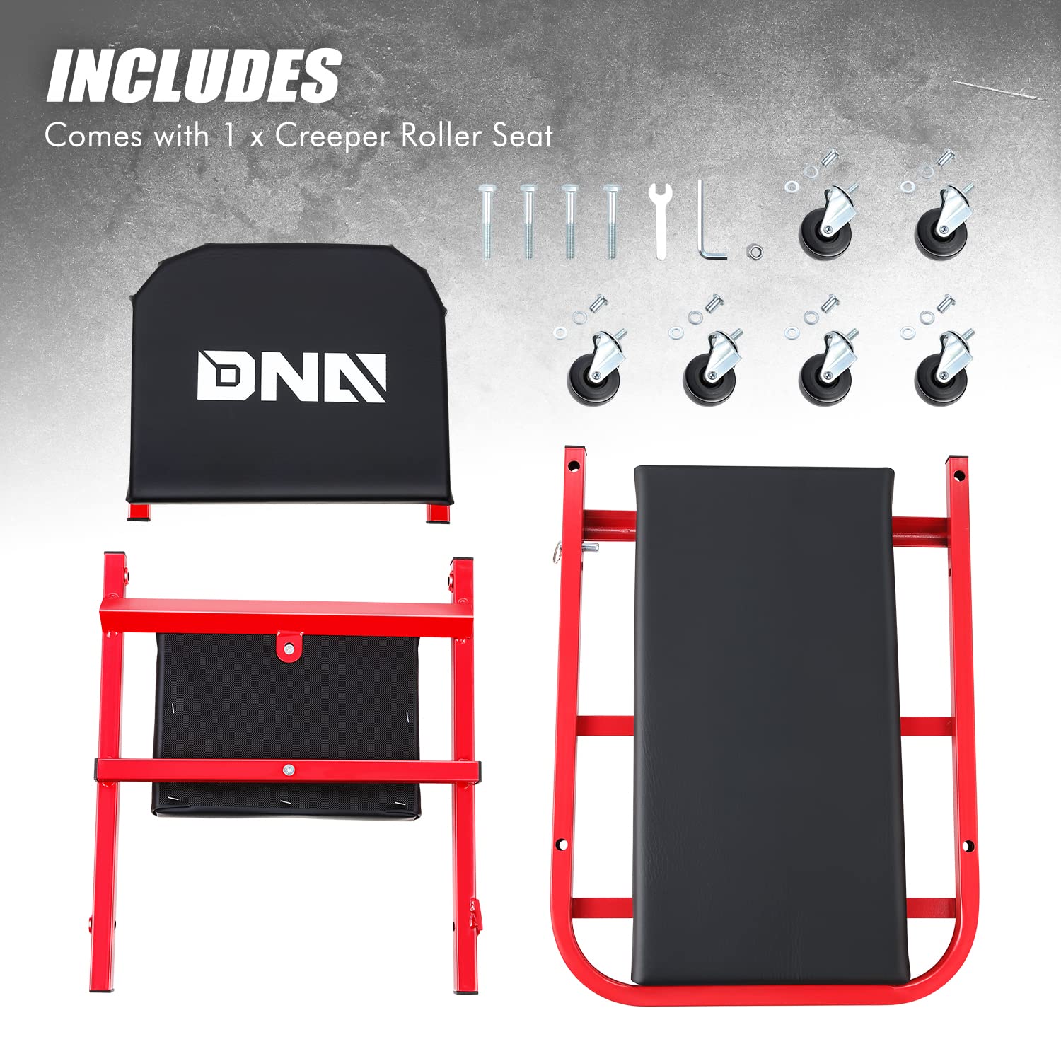 Dna Motoring Tools-00186 40 Inches 2 In 1 Rolling Folding Car Creeper/Seat, 6 Pcs 2'' Casters, 150Kg Weight Capacity, Red