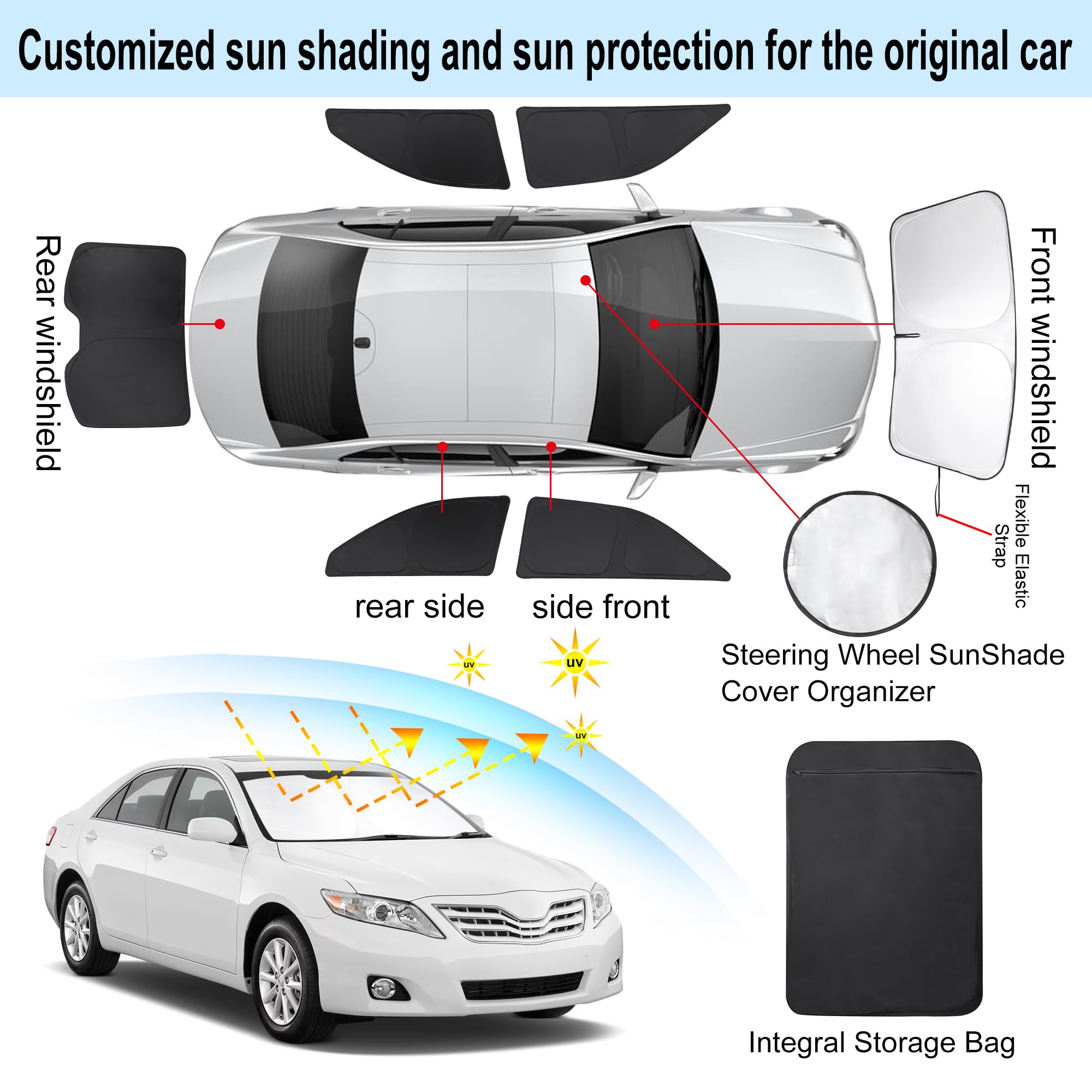 TINGLU Window Shades for Toyota Camry 2007-2011, Black, 6PCS, UV Protection & Privacy for Camping, Napping, Relaxing