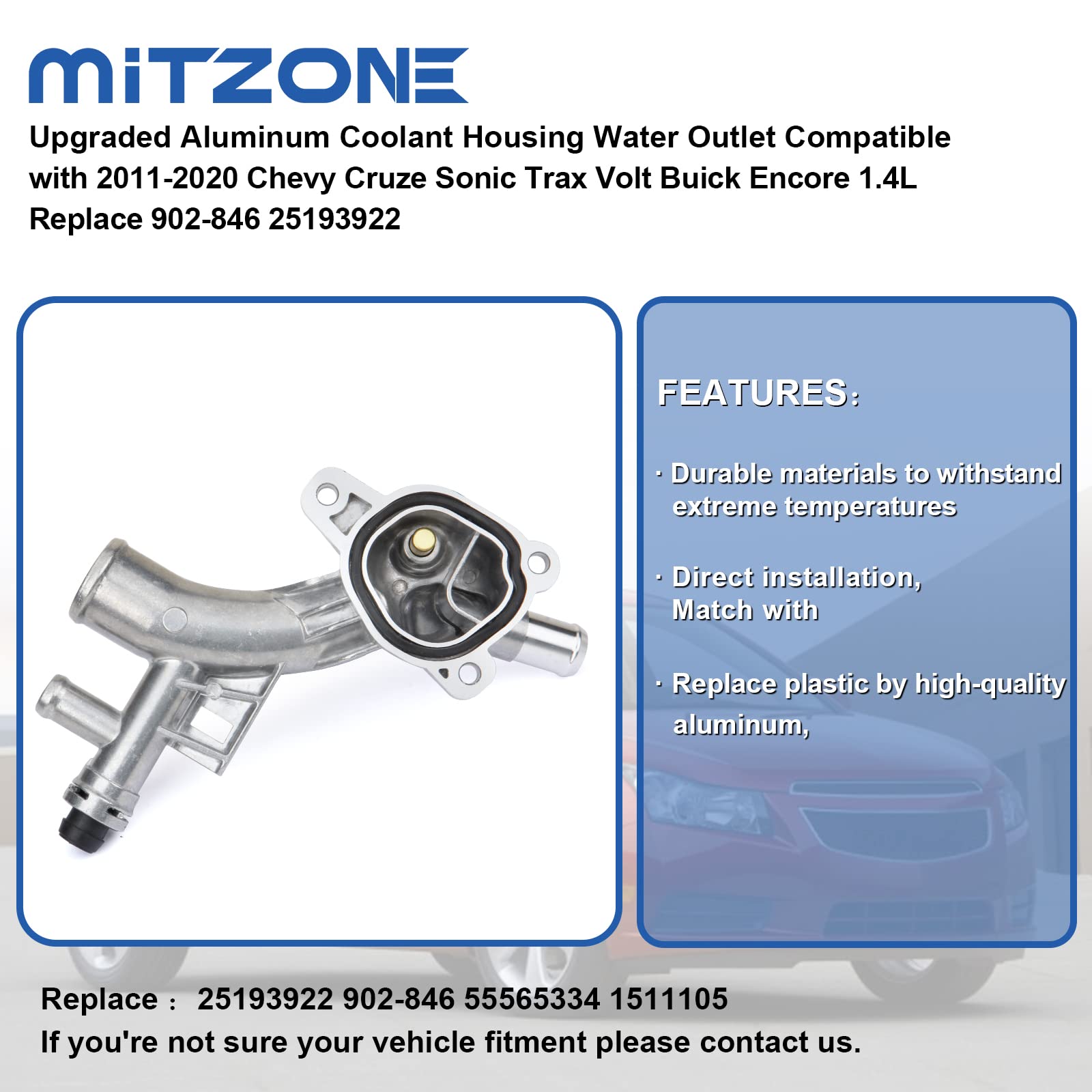 MITZONE Aluminum Coolant Housing Water Outlet for 2011-2020 Chevy Cruze/Sonic/Trax/Volt/Buick Encore 1.4L Model 001-477ALU
