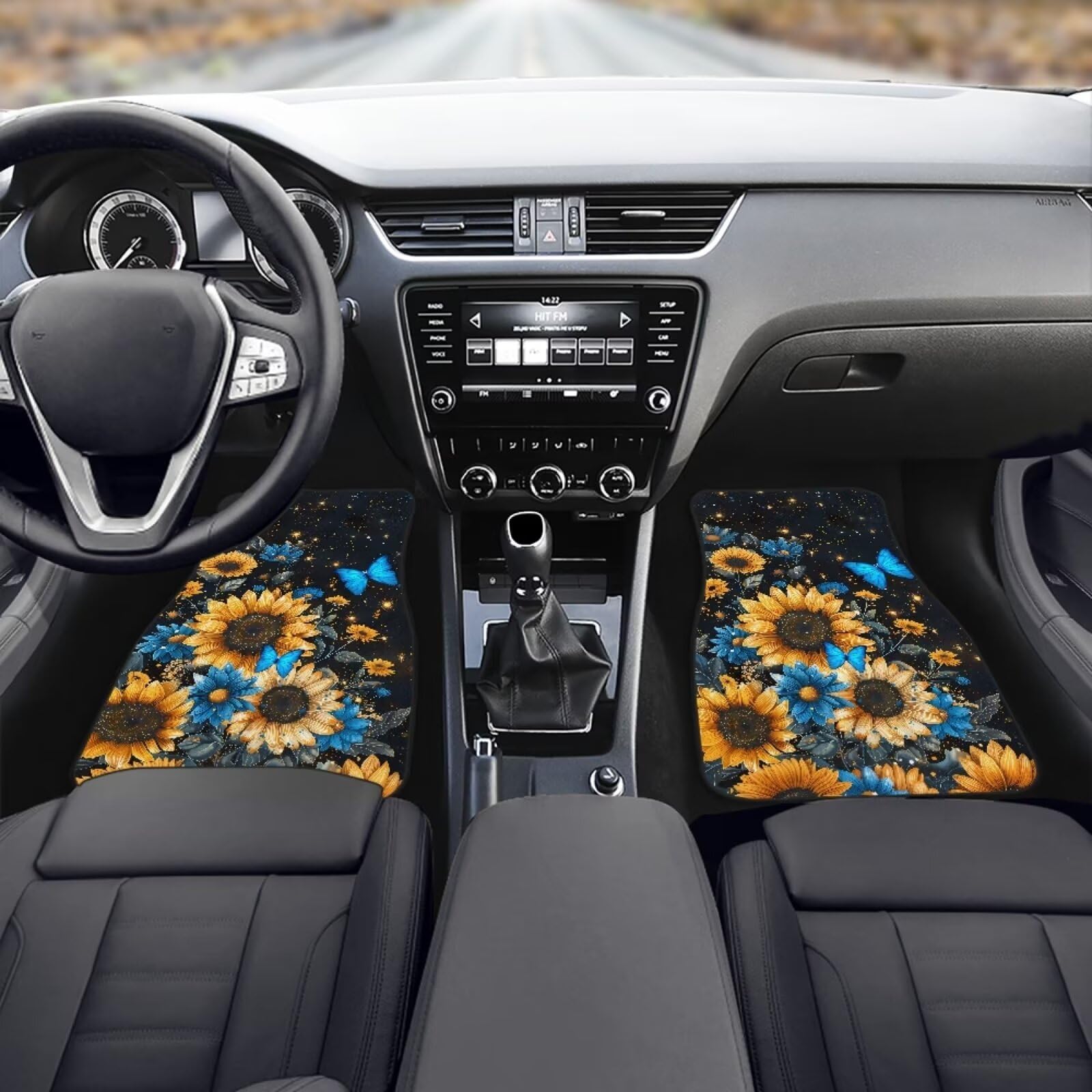 FUIBENG 4 Piece Sunflower Car Floor Mats Full Sets Blue Butterfly Yellow Sunflower Floor Mats for Vehicle Front and Back,Stain R