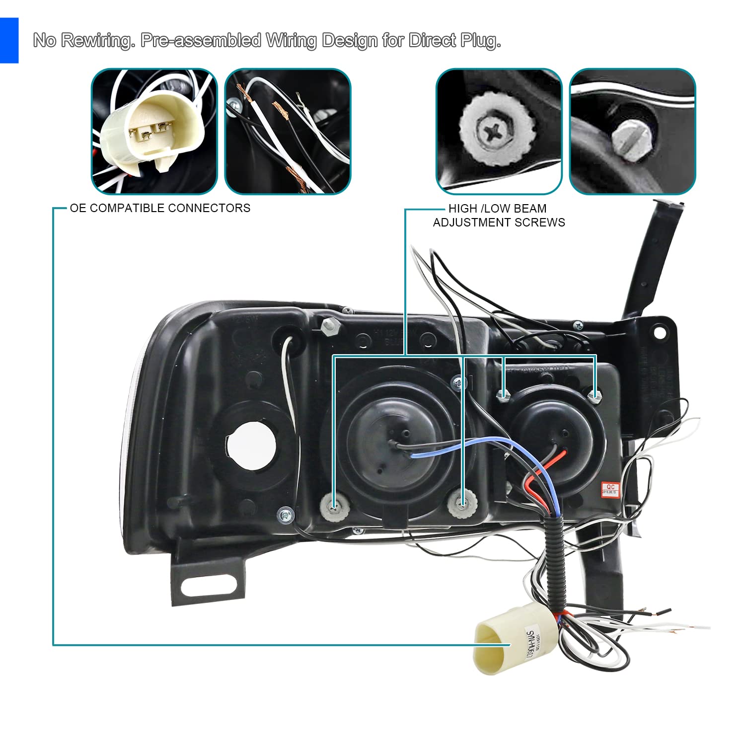 Spec-D Tuning Chrome Housing Clear Lens Projector Headlights Compatible with 1994-2001 Dodge Ram 1500/2500/3500, Left + Right Pa