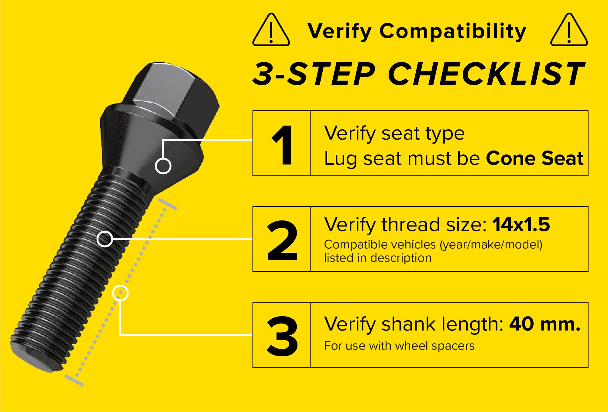 20pcs Extended Black Lug Bolts 14x1.5 (40mm Shank Length - Not OEM Length, Cone Seat) Compatible with Audi TT A3 A4 S4 A5 S5 A6