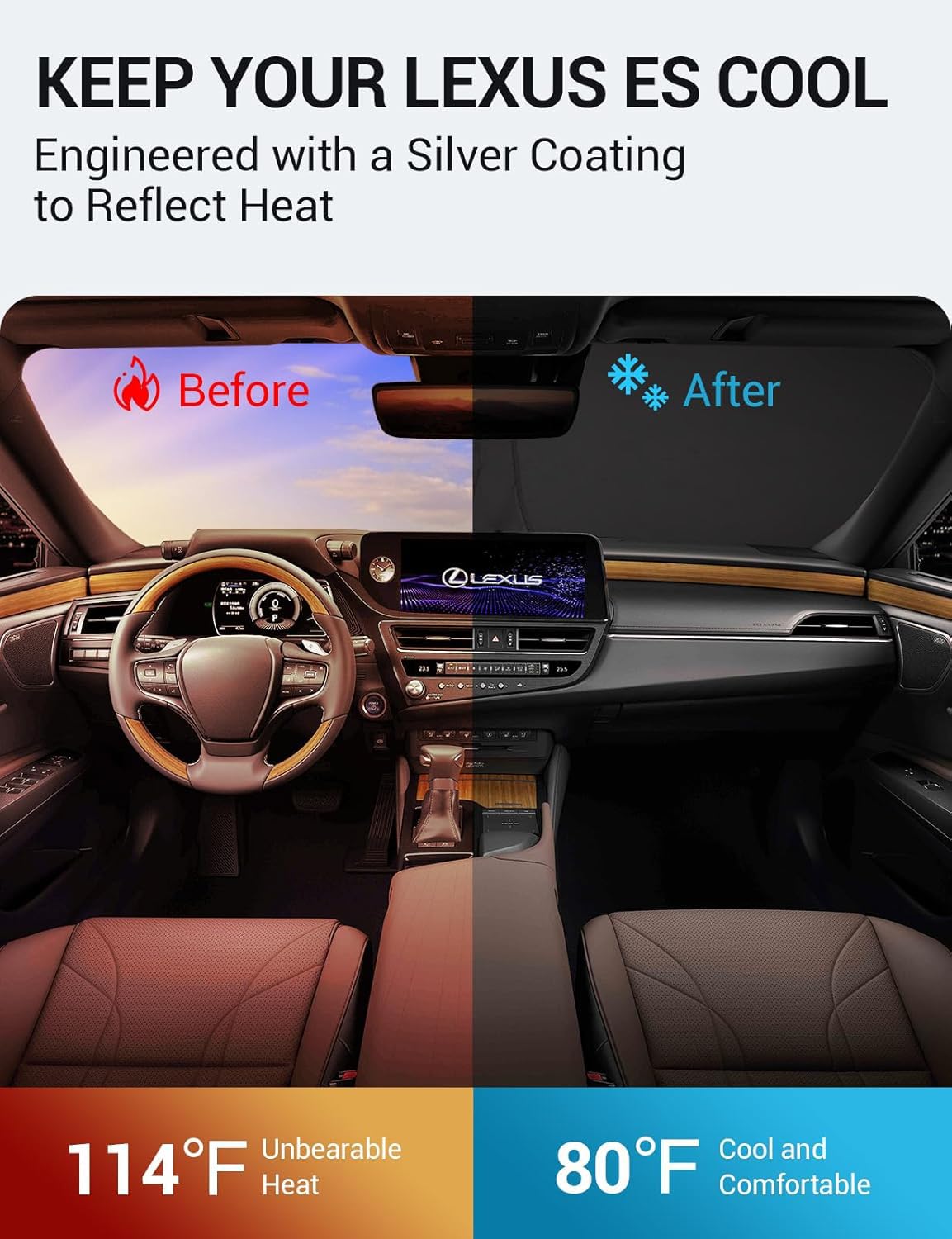 Proadsy Windshield Sun Shade for Lxus ES 2019-2024, 4-Layer UV Protection, Black & Silver, Model PRS333