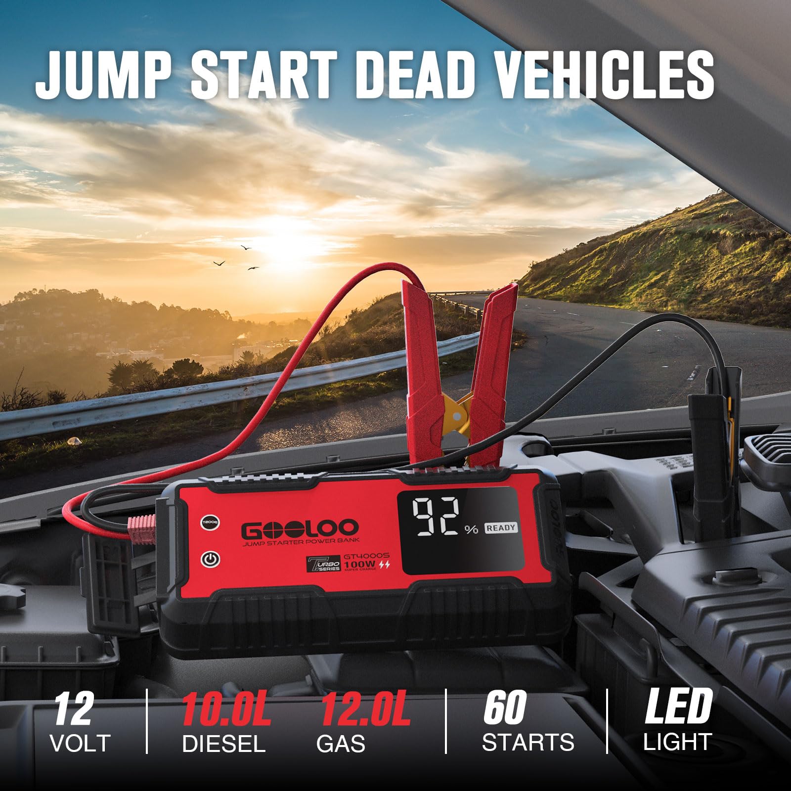 GOOLOO GT4000S Jump Starter - 4000 Amp Car Battery Charger for 10L Diesel & 12L Gas Engines, Red, Portable, Fast-Charging