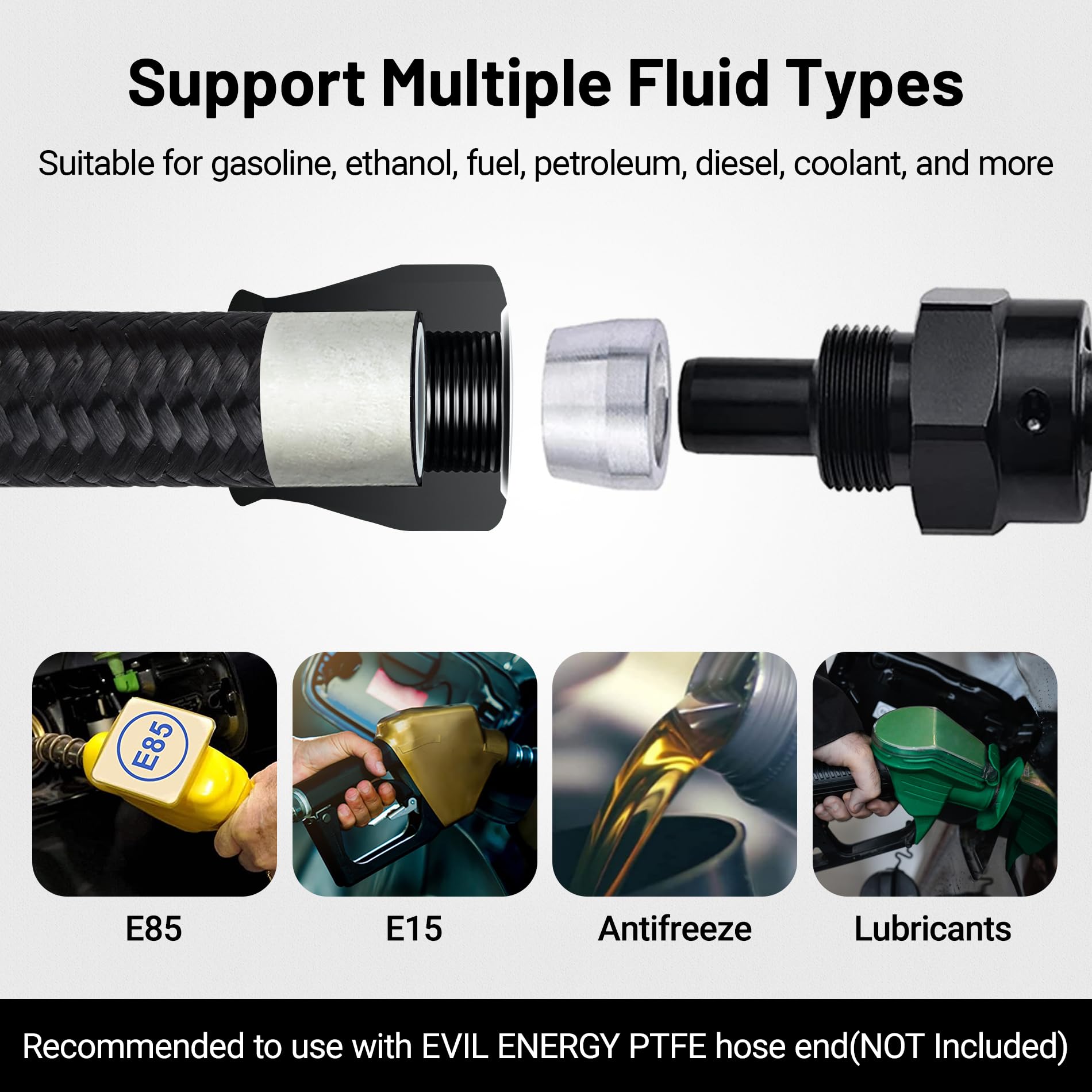 Evil Energy 8An Ptfe Fuel Hose Line, An8 Fuel Line E85 Nylon Braided 10Ft Black