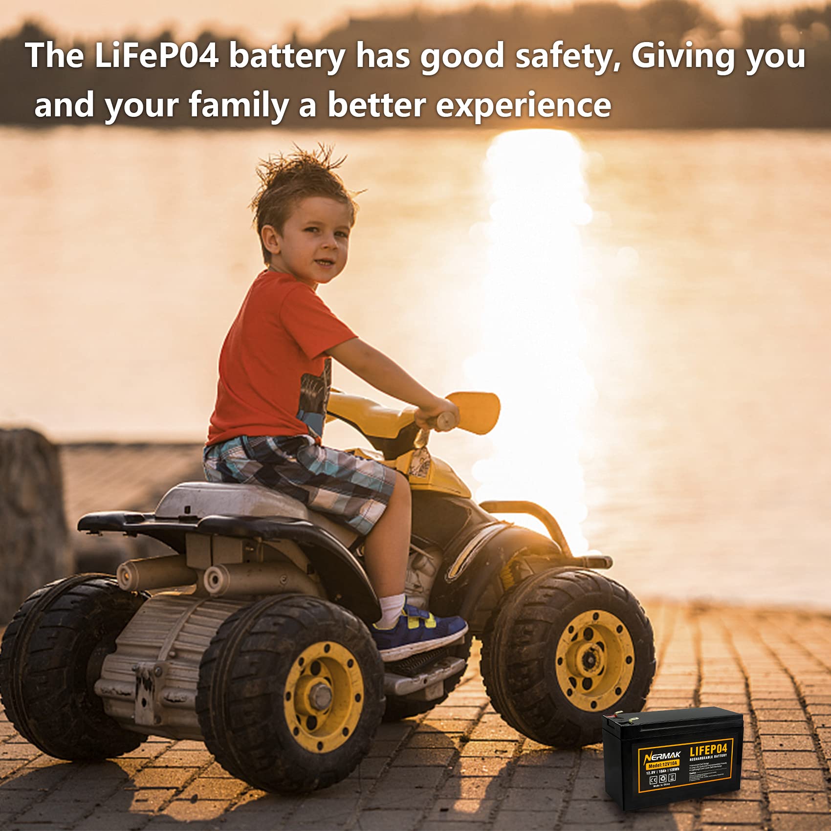 NERMAK 12V 10Ah Lithium LiFePO4 Deep Cycle Battery, 2000+ Cycles, Black, Model 12V10A for Solar/Wind Power, UPS,