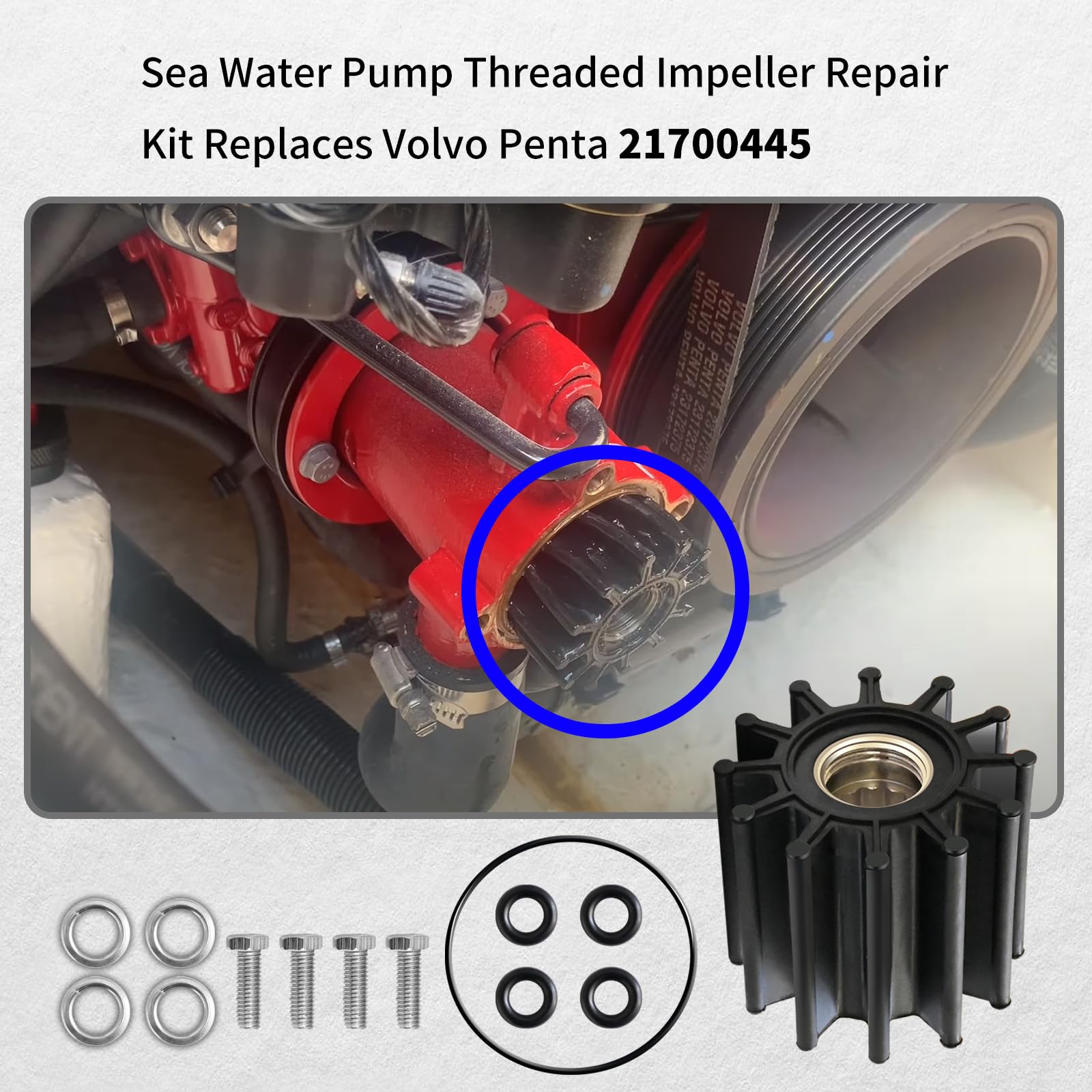 Vanshly,Sea Water Pump Threaded Impeller Repair Kit Replaces Volvo Penta 21700445,Fits V6,V8,5.7Gasoline Engine Models