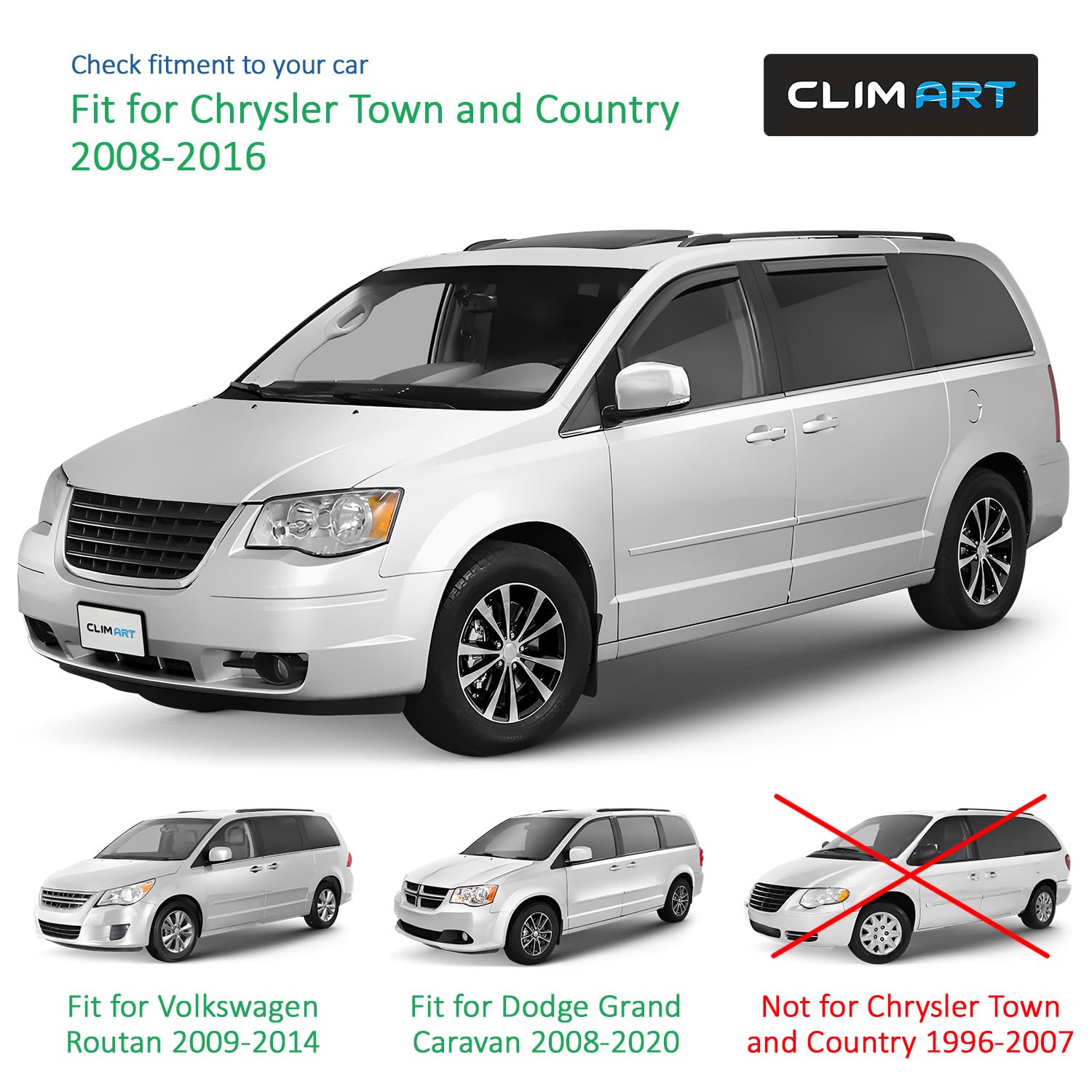 Clim Art In-Channel Incredibly Durable Rain Guards For Chrysler Town And Country 2008-2016, Original Window Deflectors, Vent Win