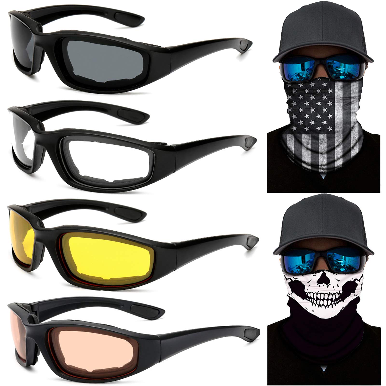 Peicees 4 Dirt Bike Motorcycle Goggles Uv Protection Dustproof Windproof Safety Glasses With 2 Skull American Flag Face Mask