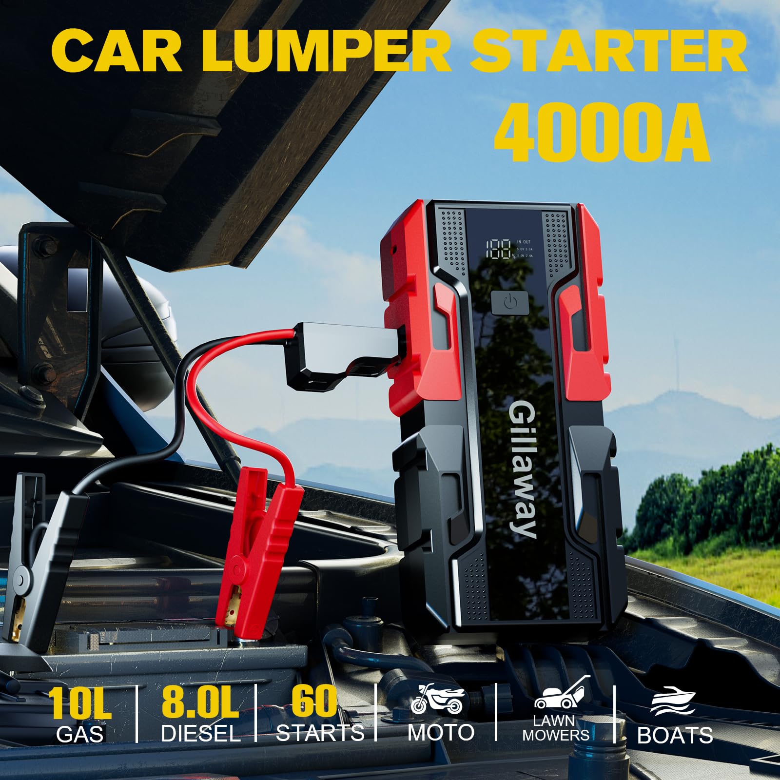 Gillaway 001B 4000A Car Jump Starter, Jump Starter Battery Pack For Up To 10L Gas And 8L Diesel Engines, Portable 12V Jump Box W