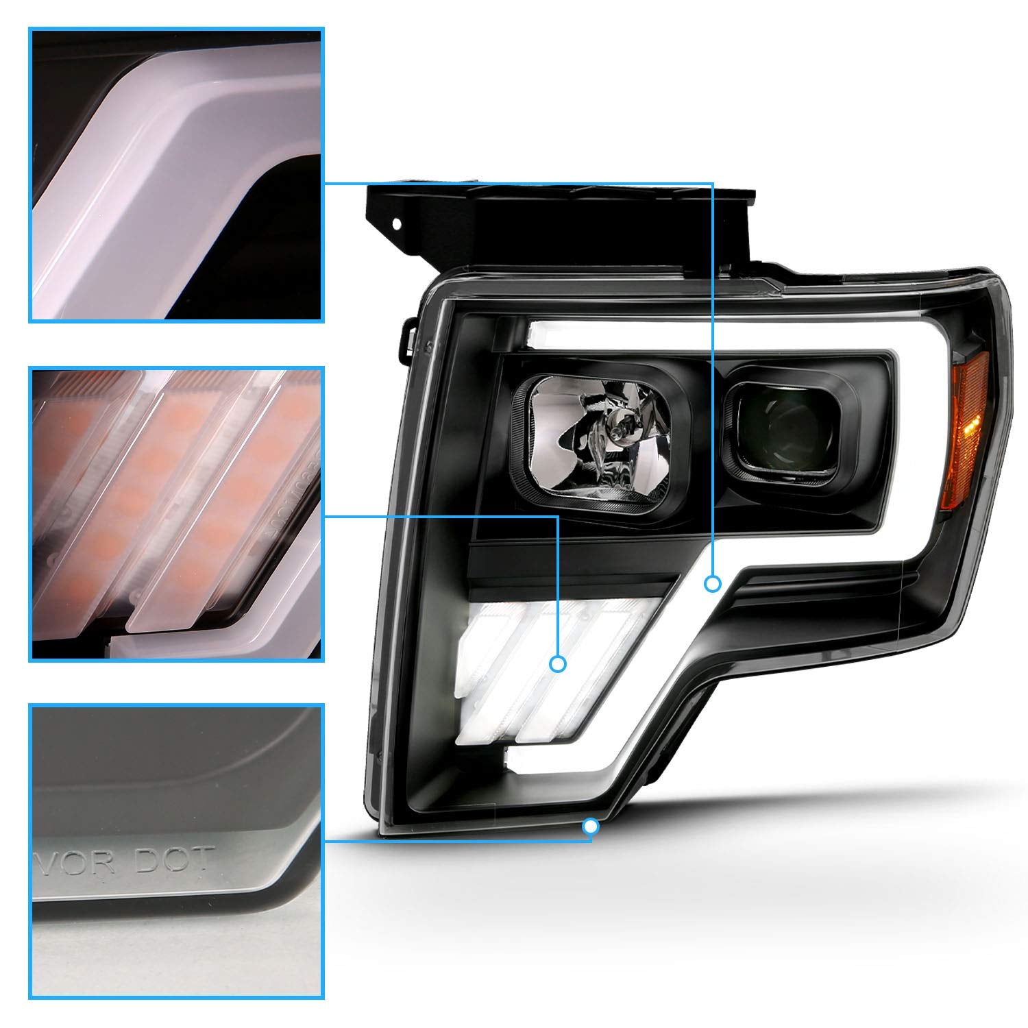 AmeriLite Replacement Headlights - Switchback LED, Halogen, Quad Projector Set for 2009-2014 Ford F150, Driver & Passenger Side, Black LED Tube